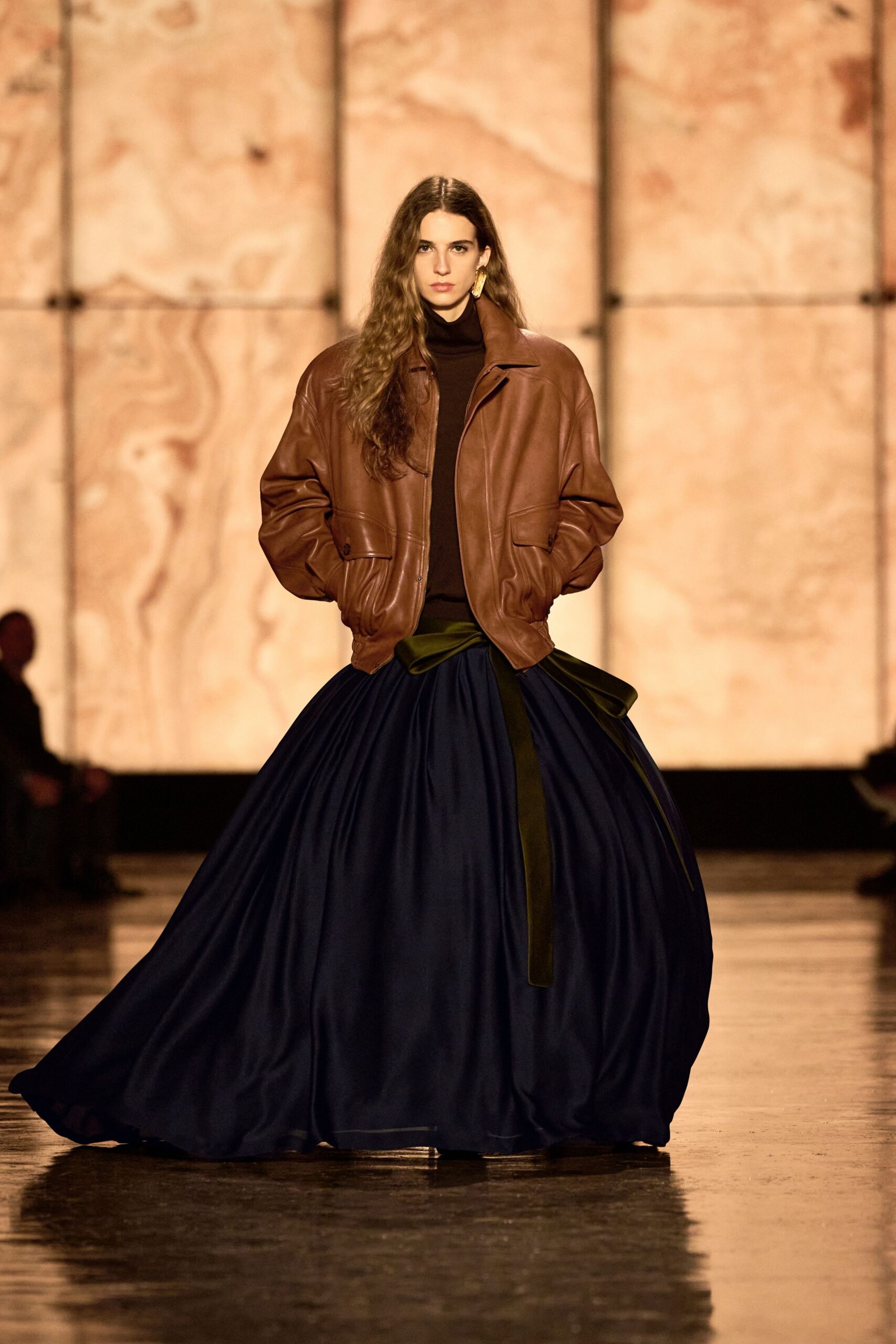 blue silk fitted tiered flowing maxi skirt