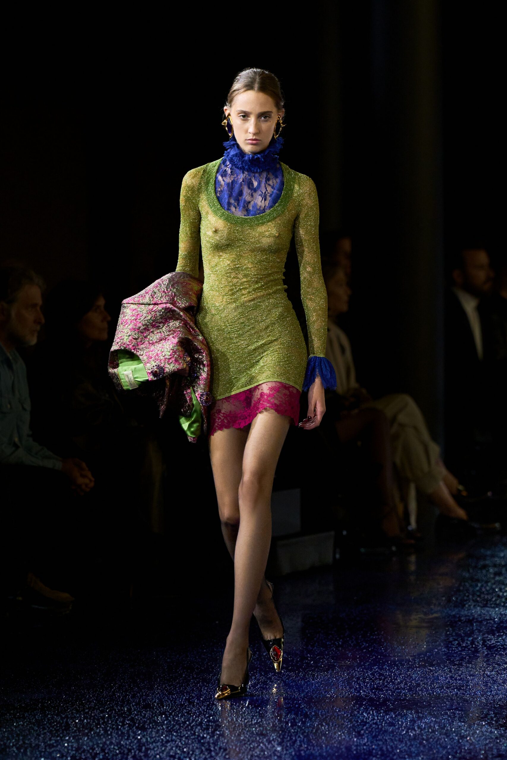 green silk long-sleeve high-neck fitted ruched layered dress