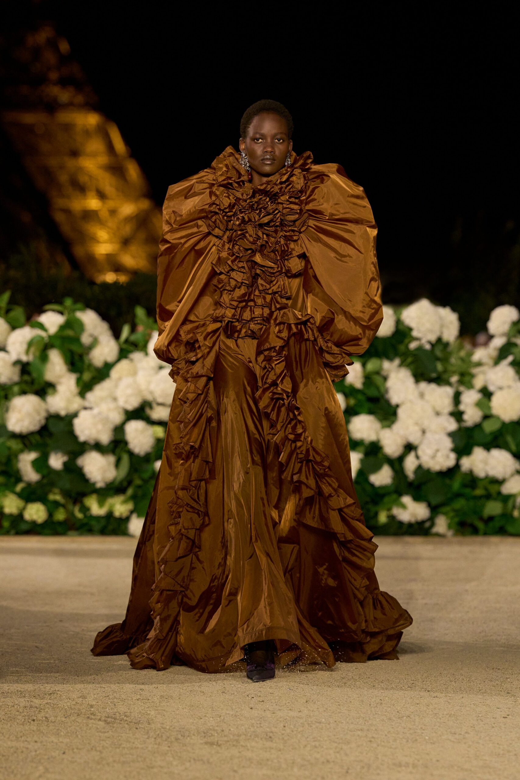 brown silk ruffled gown