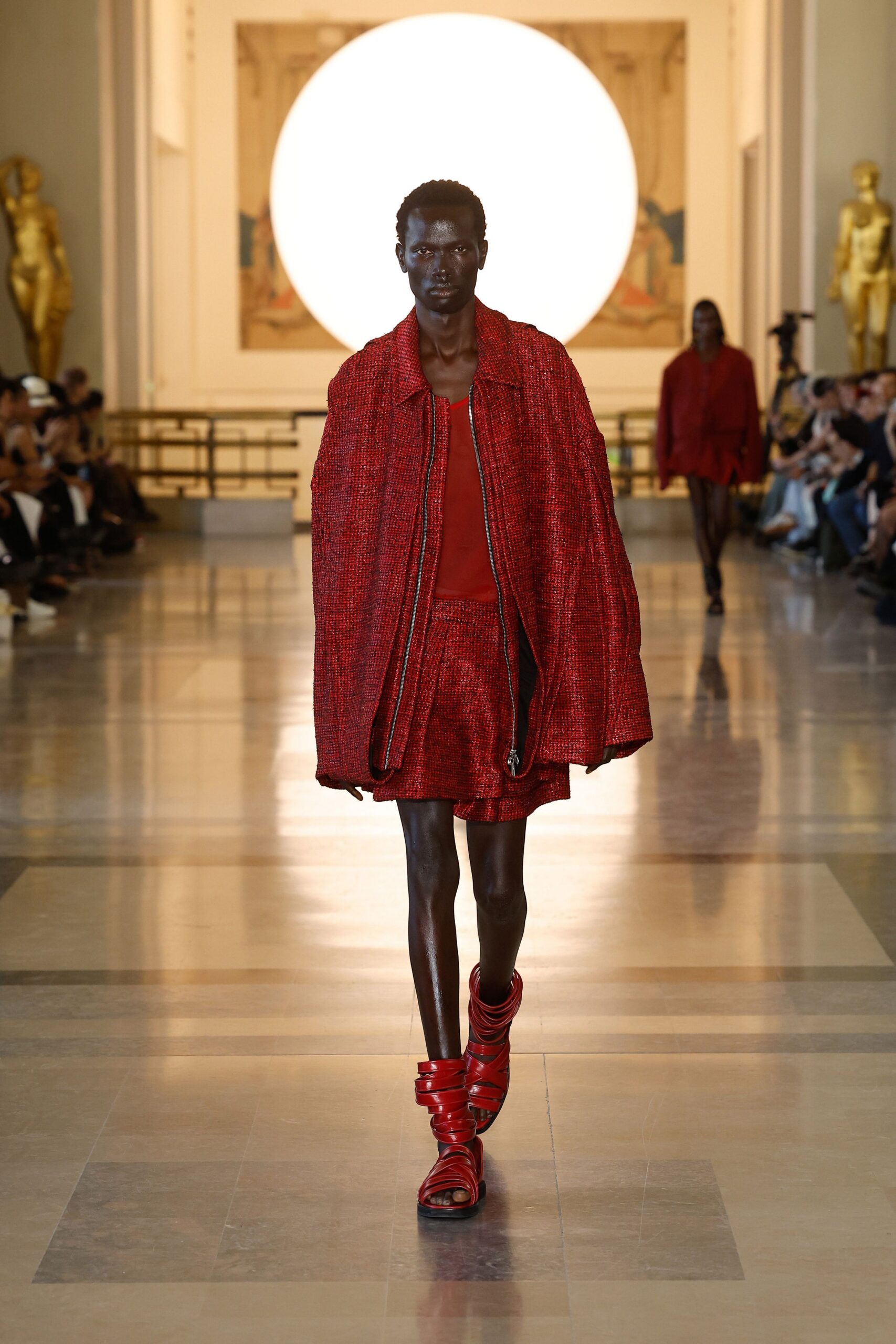 red tweed cape and skirt