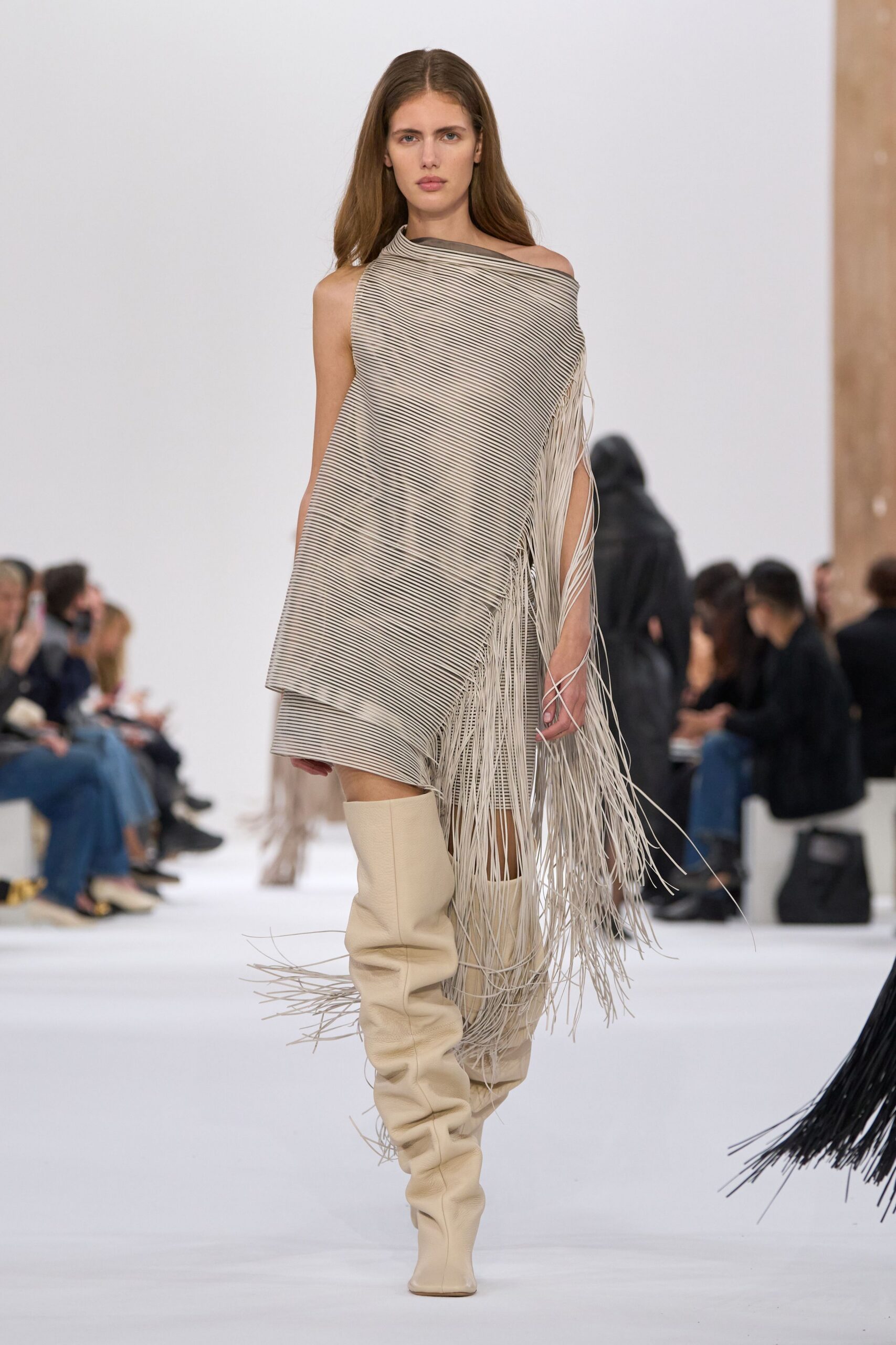 beige silk sleeveless asymmetric fitted fringed pleated dress