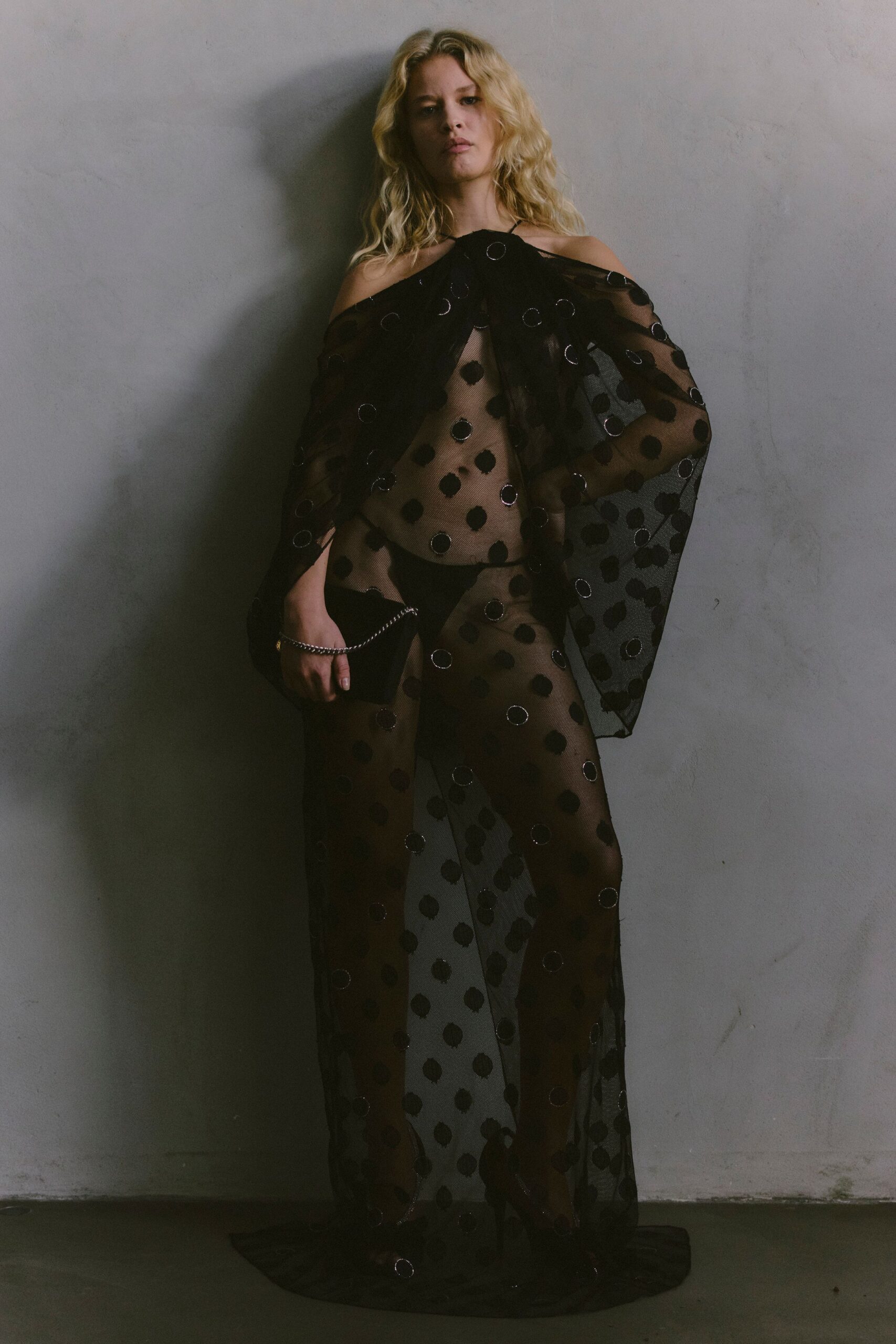 black mesh sleeveless off-shoulder fitted polka-dot layered gown