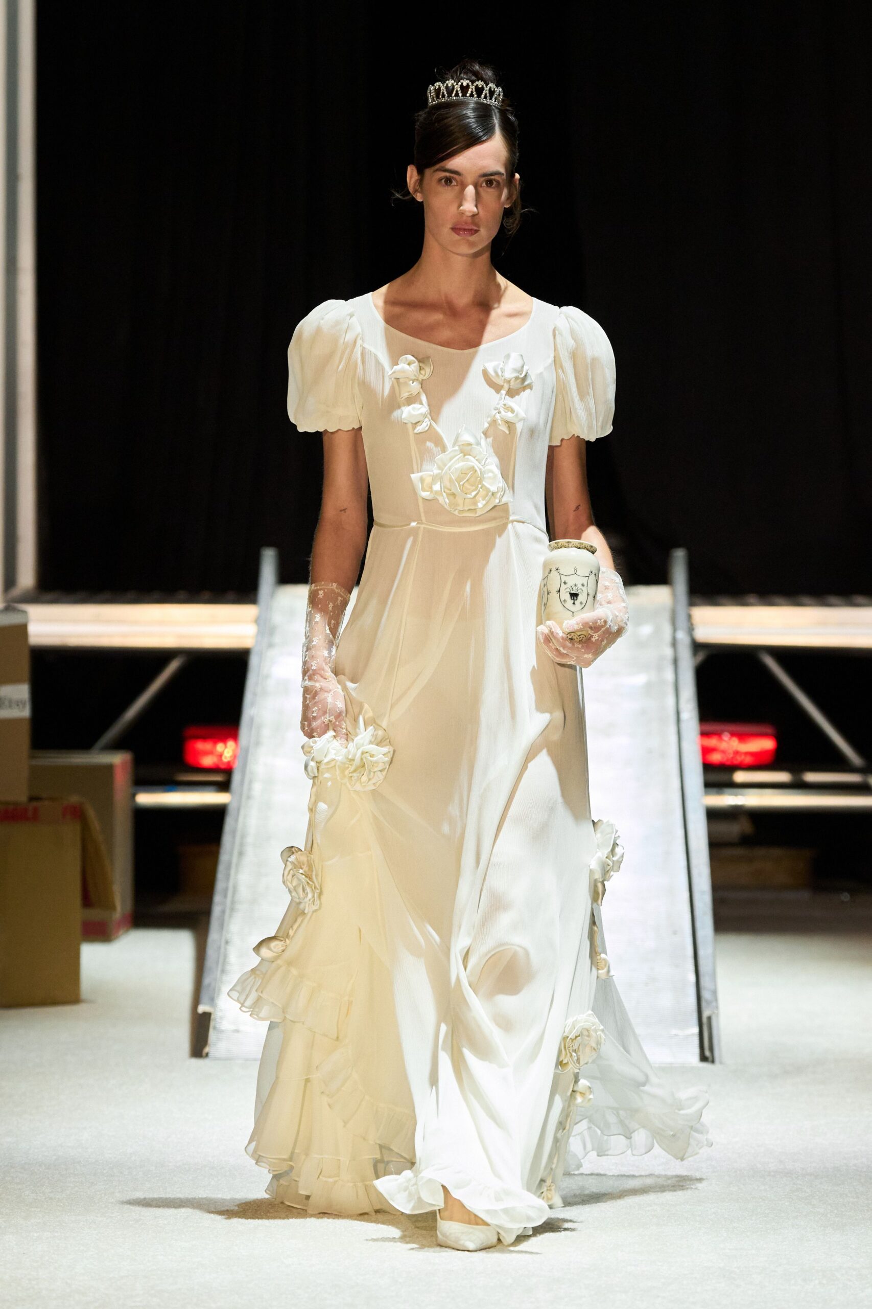 white silk gown with embellishments