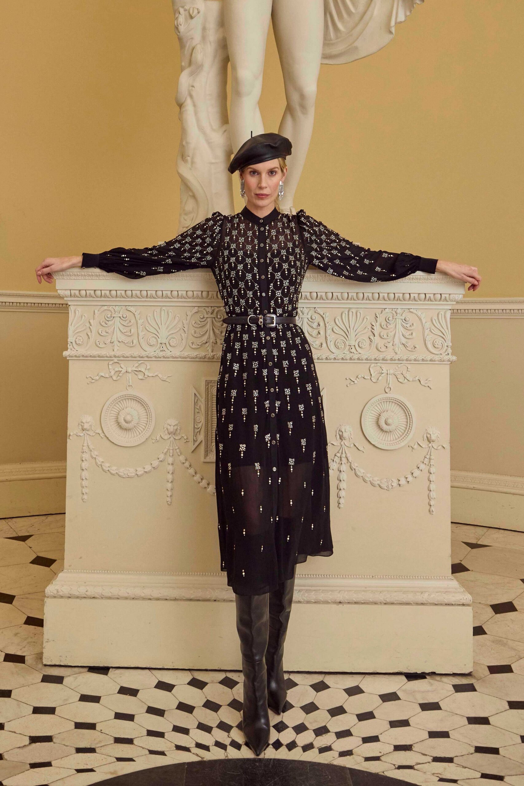 black silk long-sleeve collared fitted embroidered belted dress