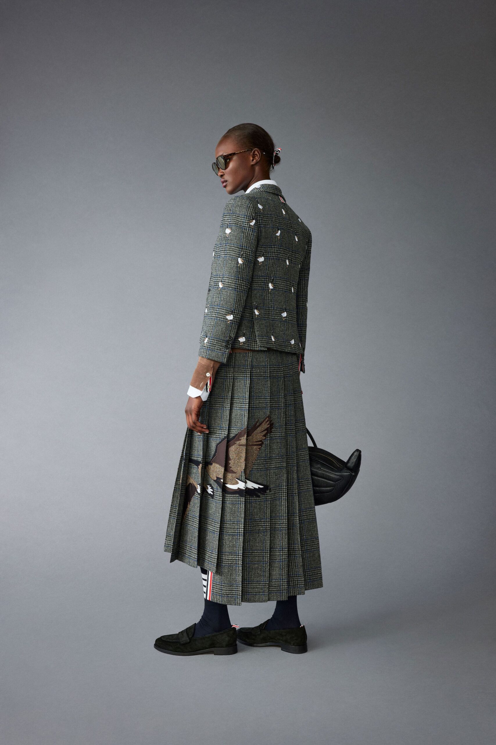 gray tweed long-sleeve fitted pleated embroidered midi skirt