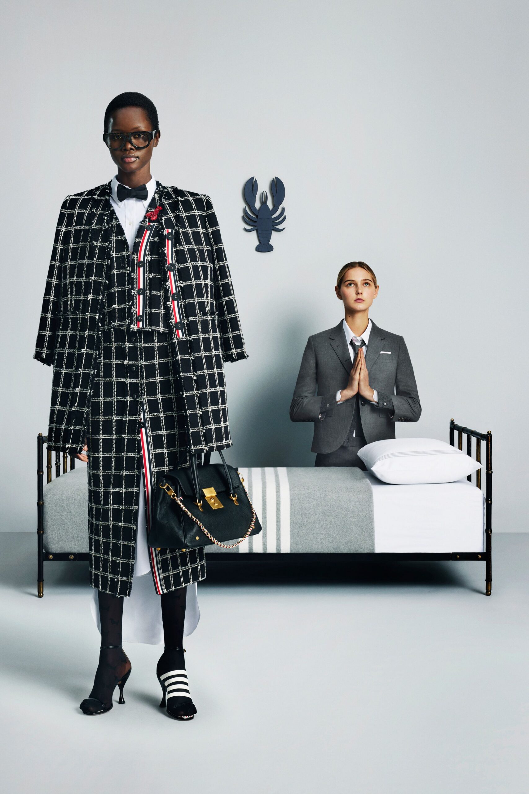 black wool long-sleeve collared structured checked midi coat