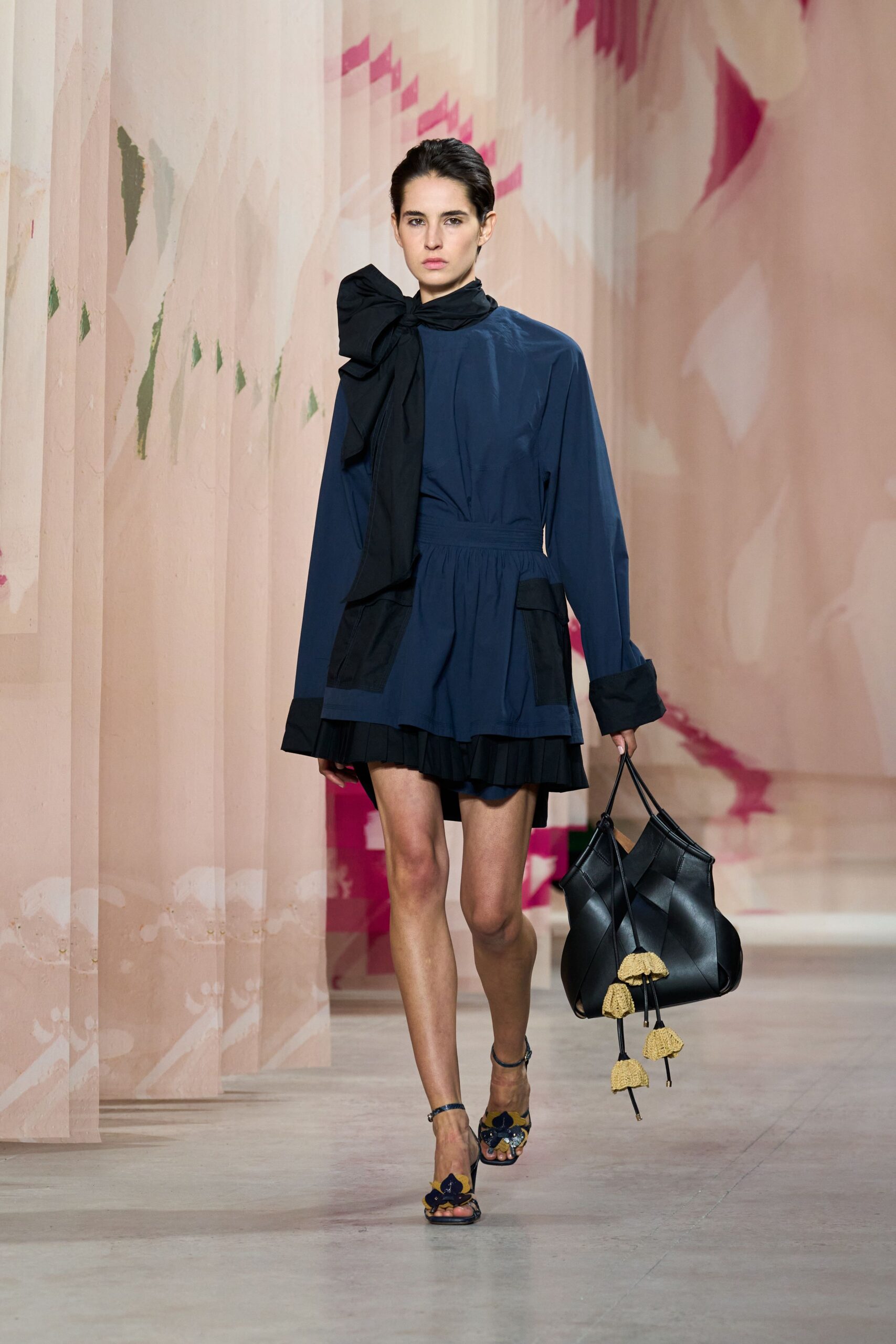 blue cotton long-sleeve collared relaxed pleated belted dress