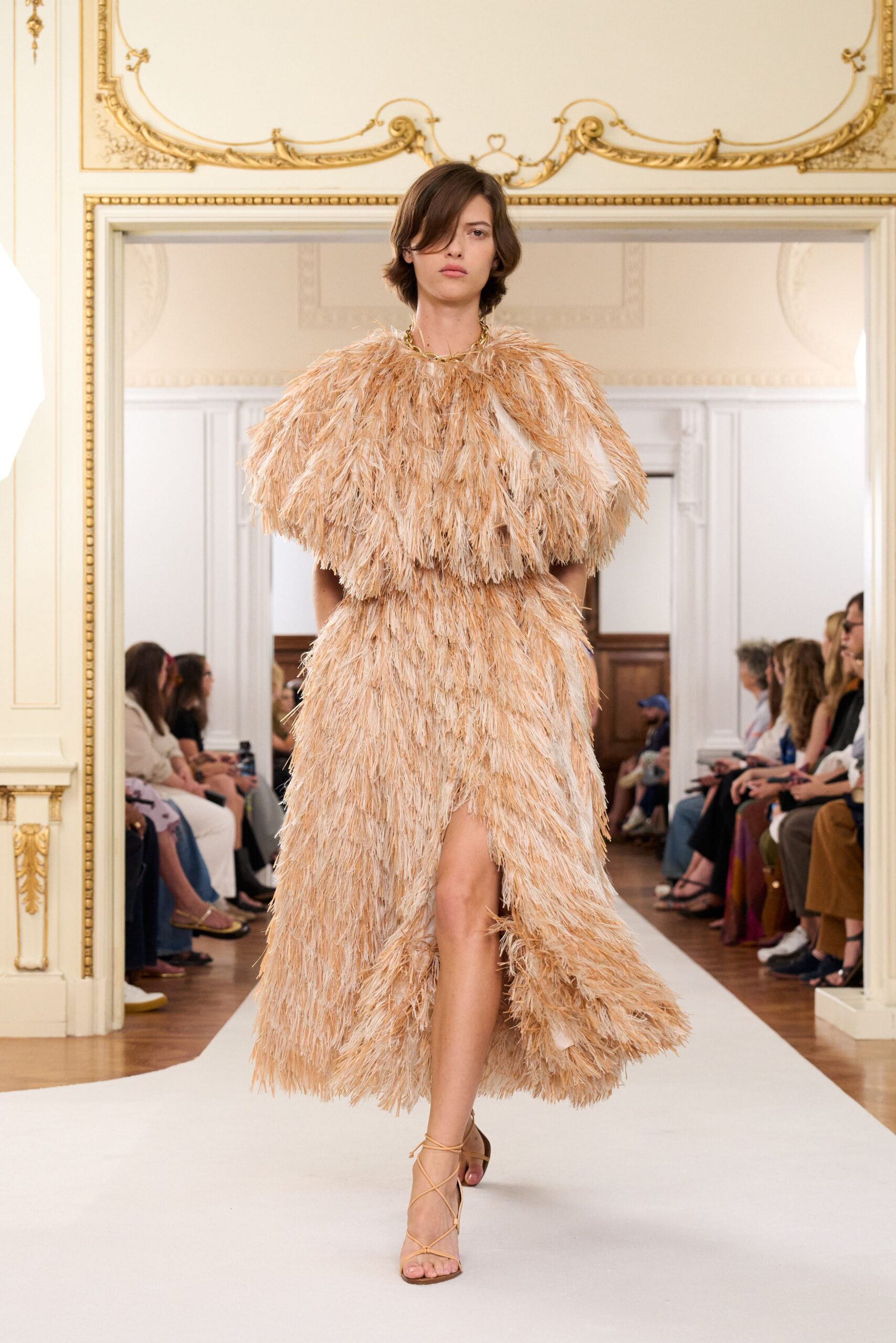 beige feather long-sleeve high-neck fitted fringed maxi gown