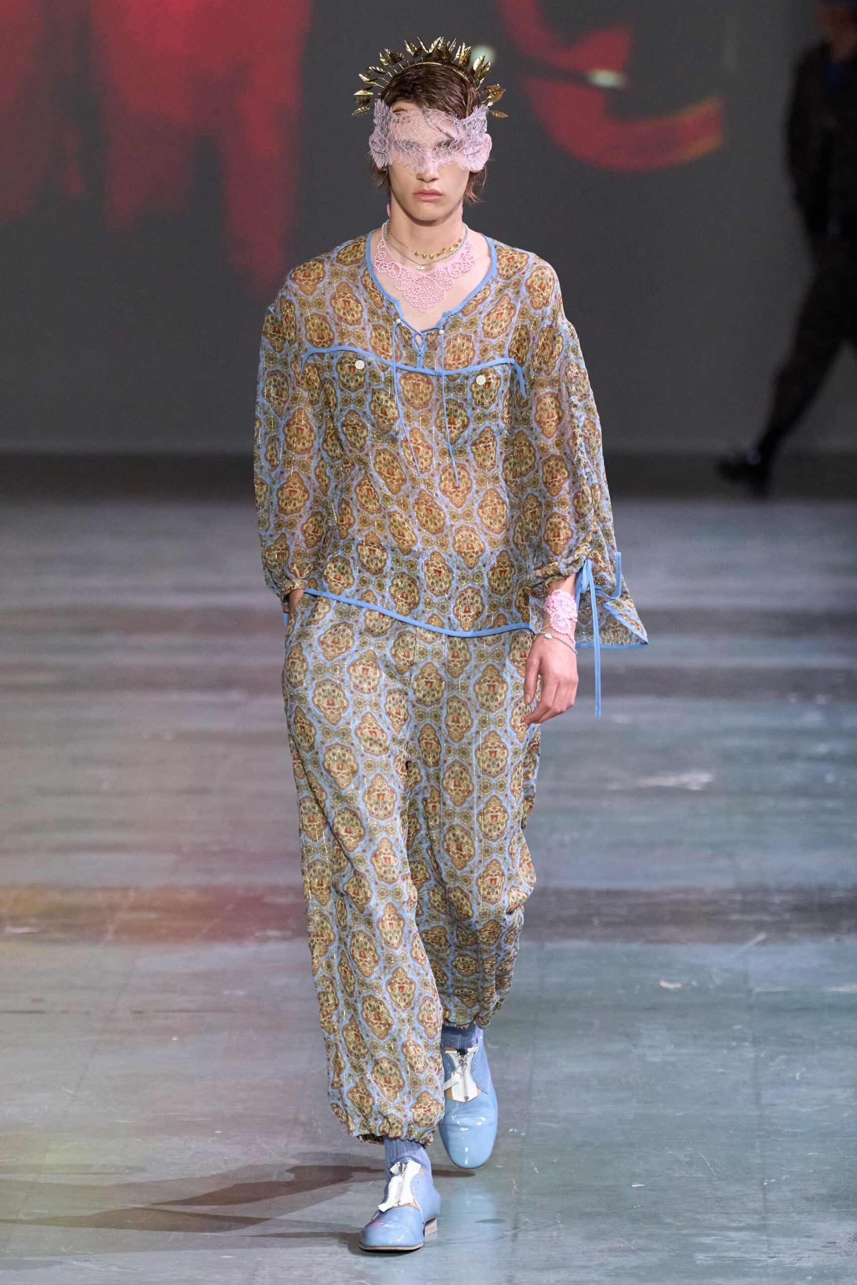 blue printed silk top and pants