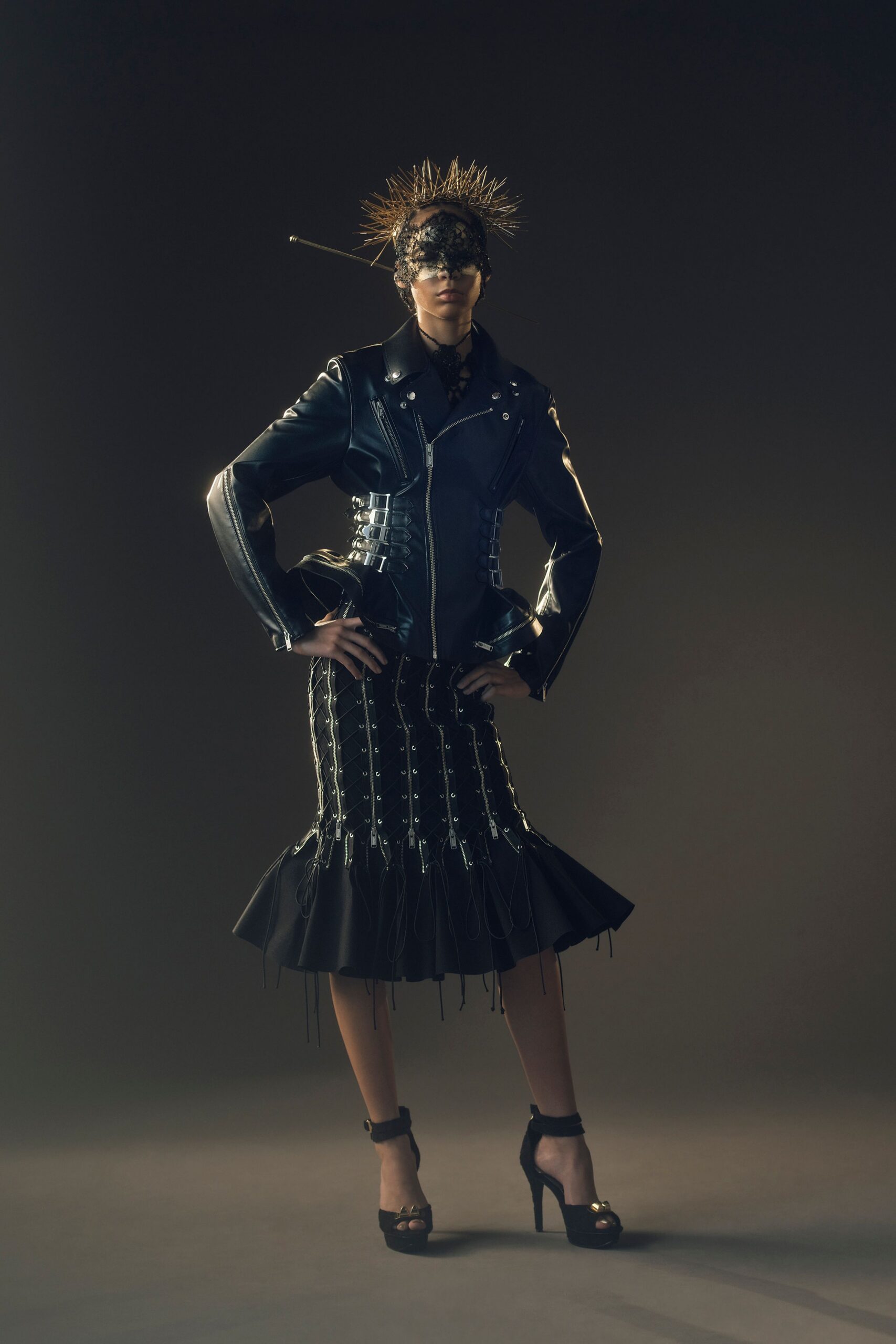 black leather jacket and skirt