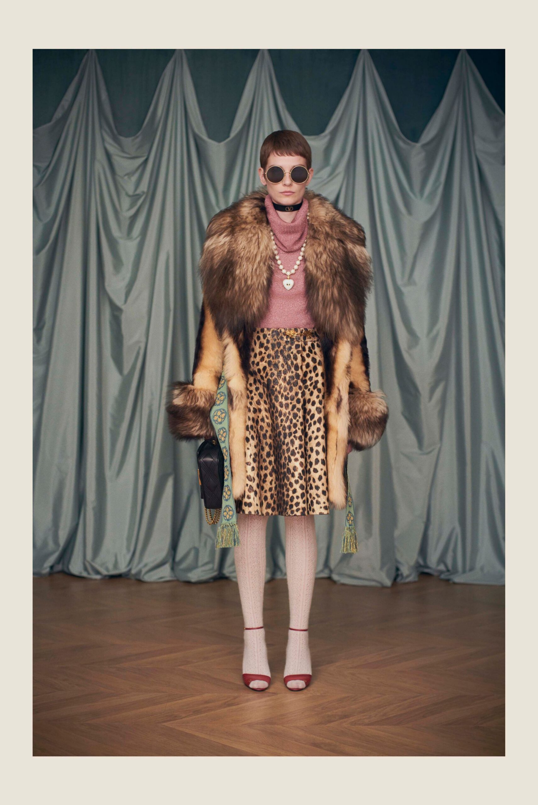 brown fur coat with pink top