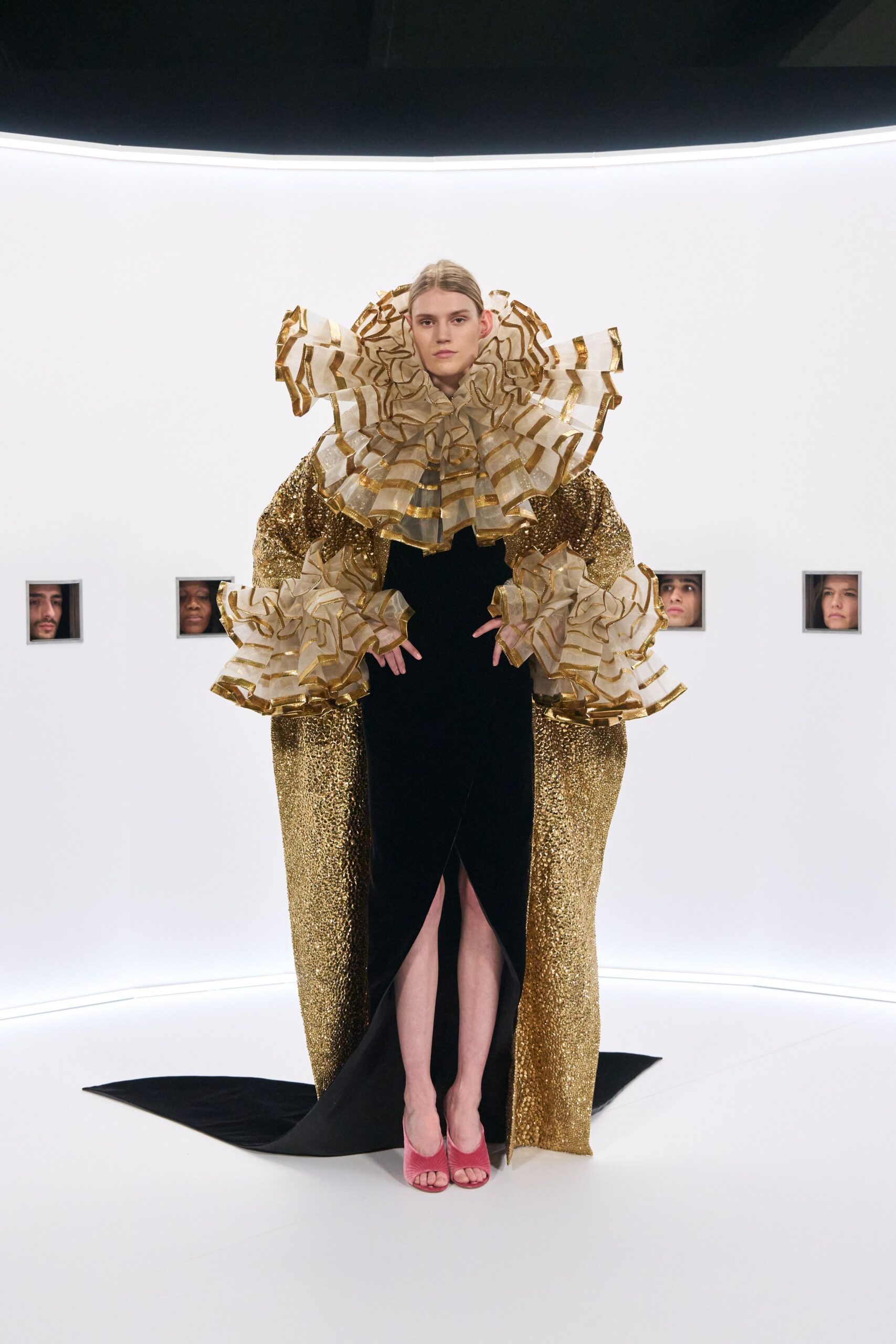black silk long-sleeve v-neck fitted sequined ruffled gown