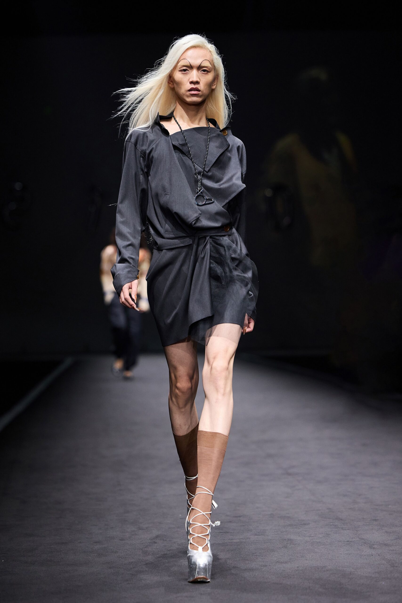 black silk long-sleeve collared fitted draped mini dress