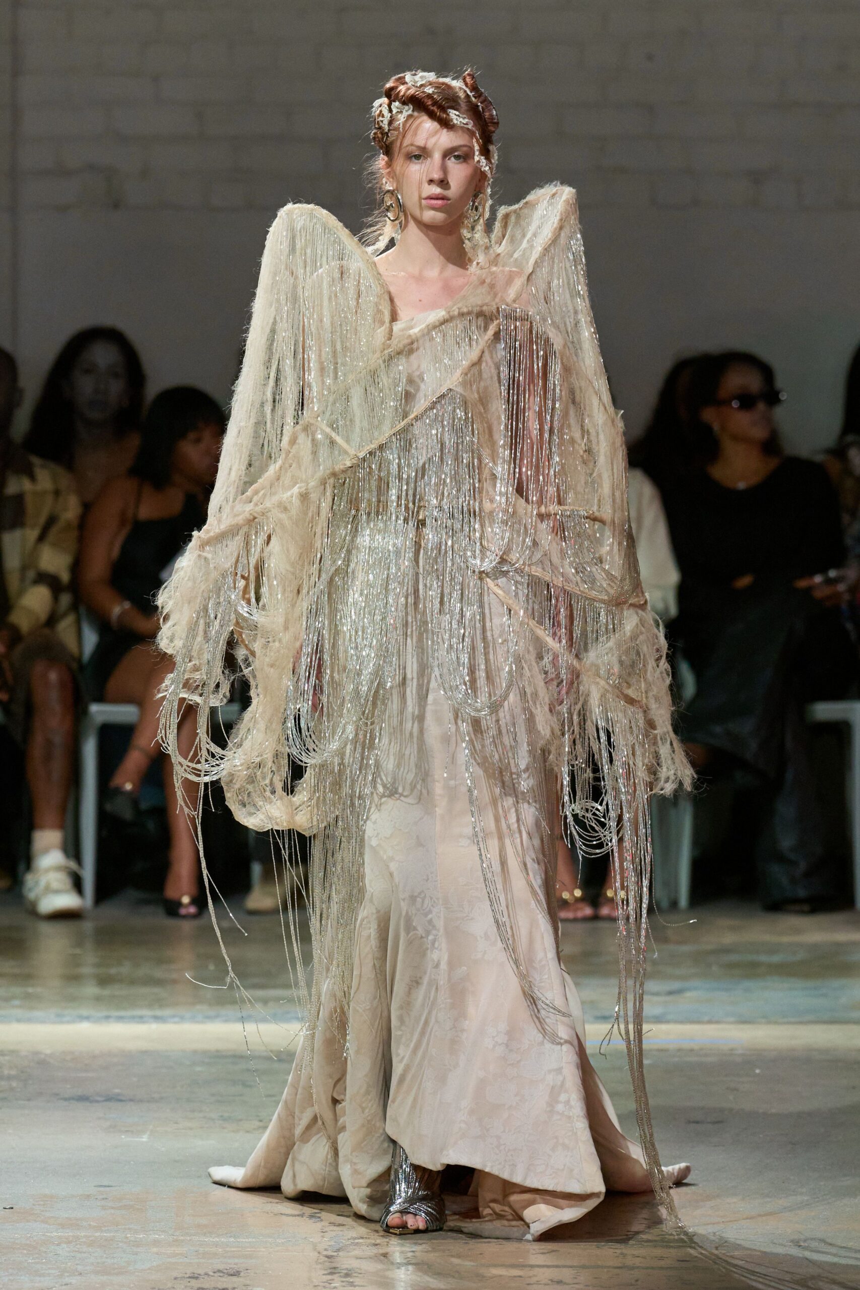 beige silk long-sleeve off-shoulder fitted fringed layered gown