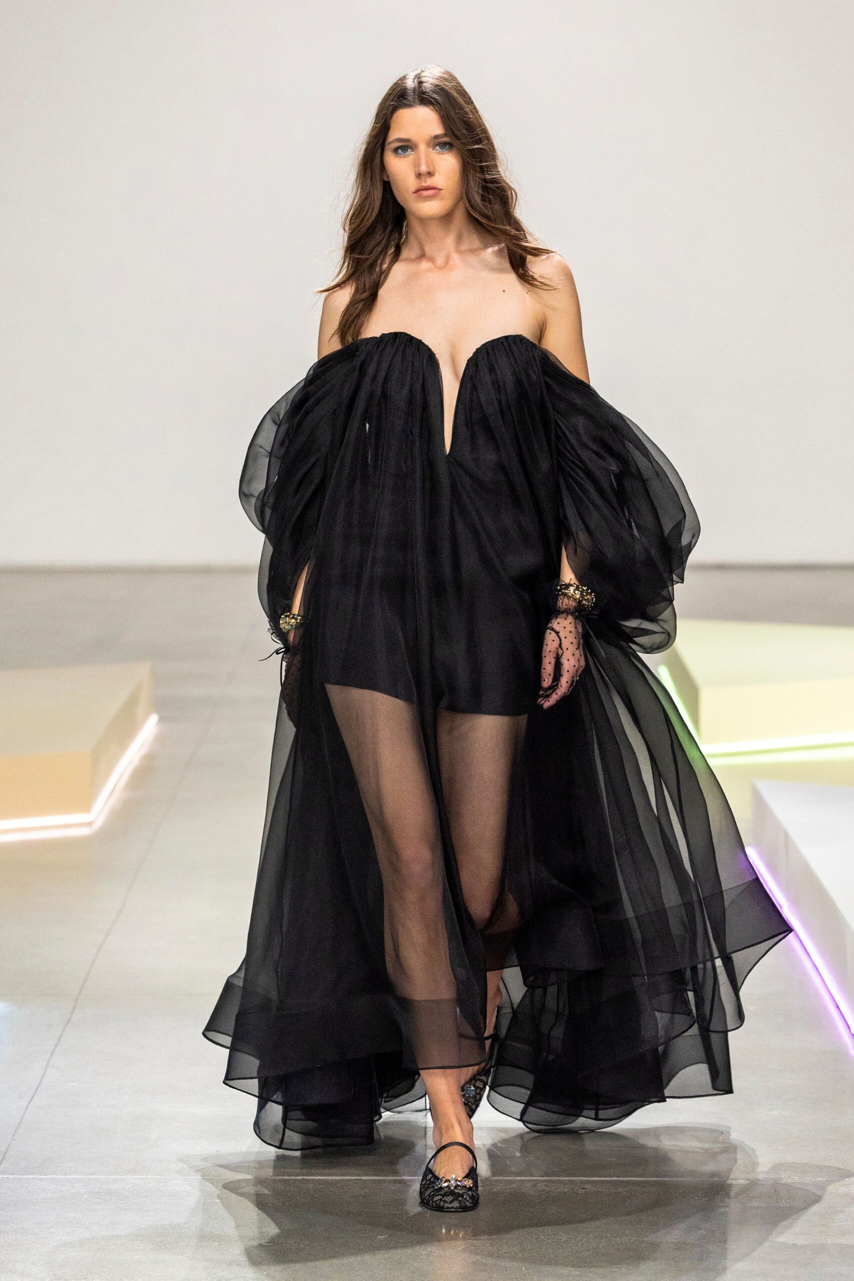 black chiffon sleeveless low-cut fitted layered pleated gown