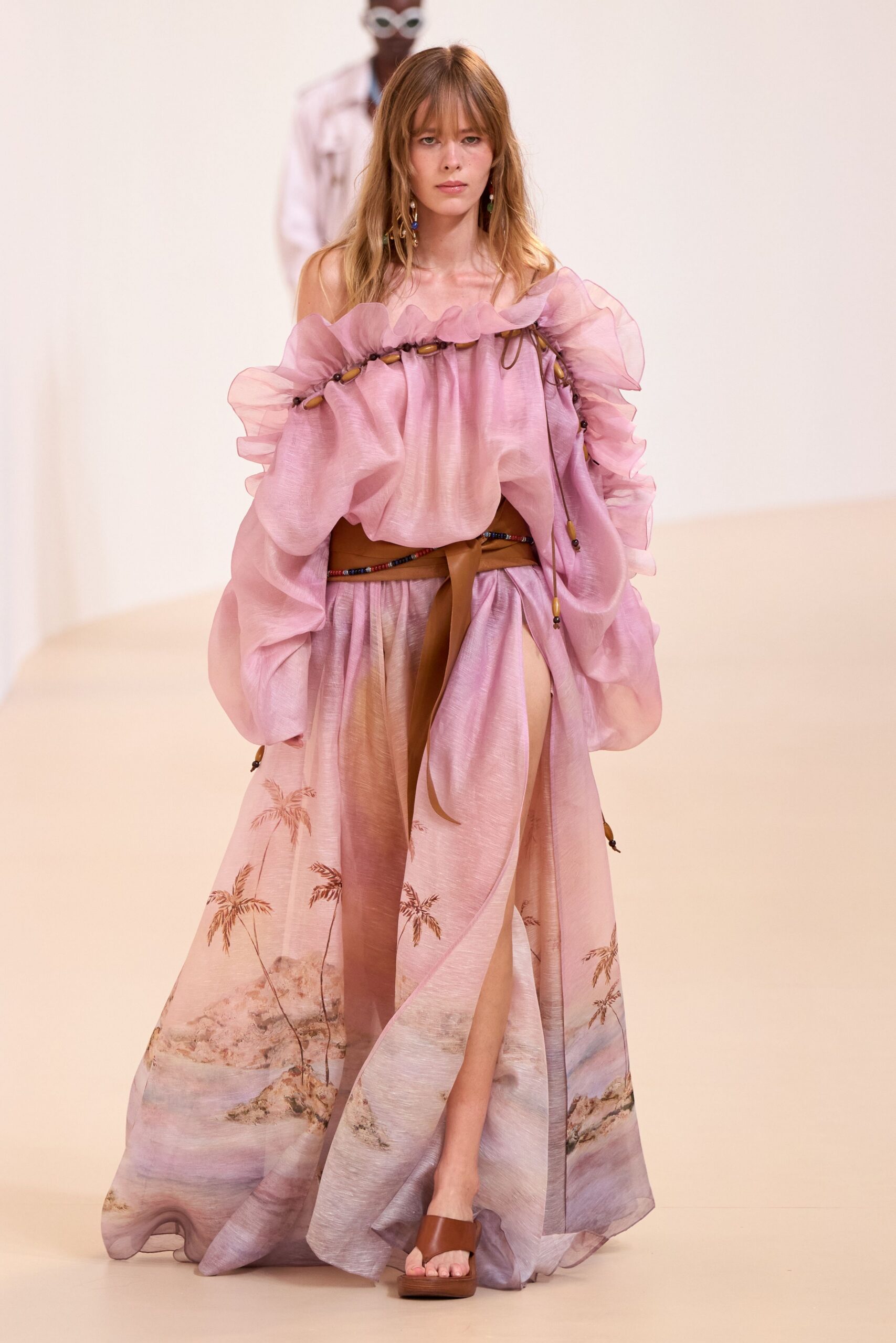 pink silk sleeveless off-shoulder fitted ruffled flared dress