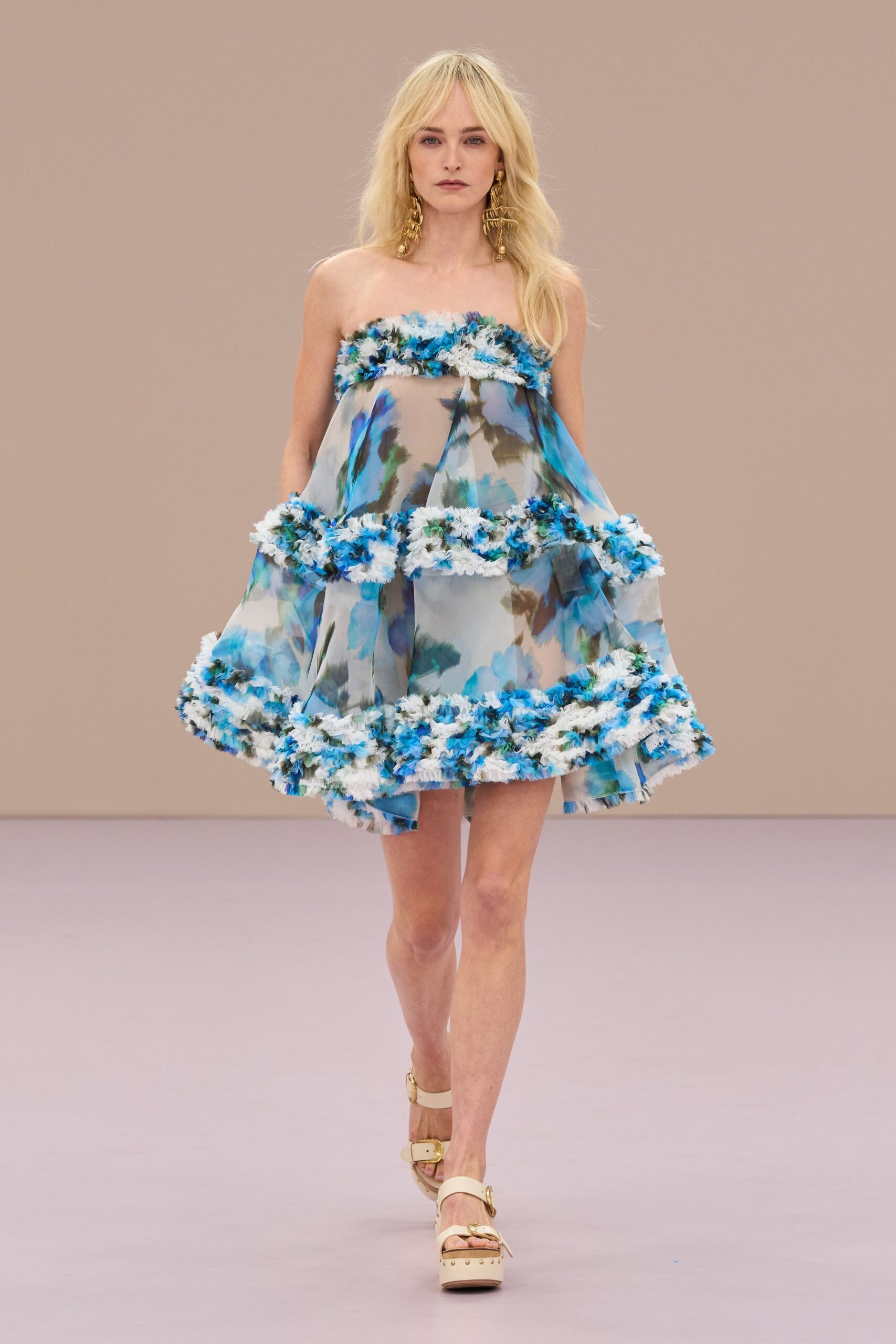 blue chiffon strapless relaxed floral tiered flowing dress