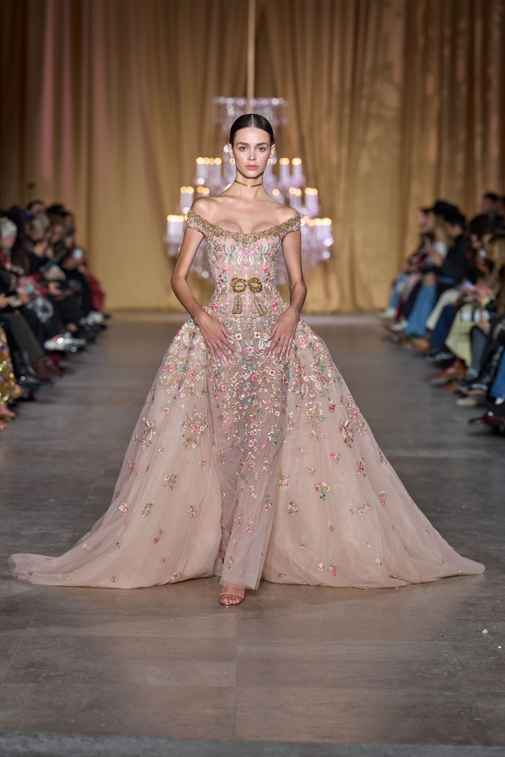pink beige off-shoulder embroidered gown
