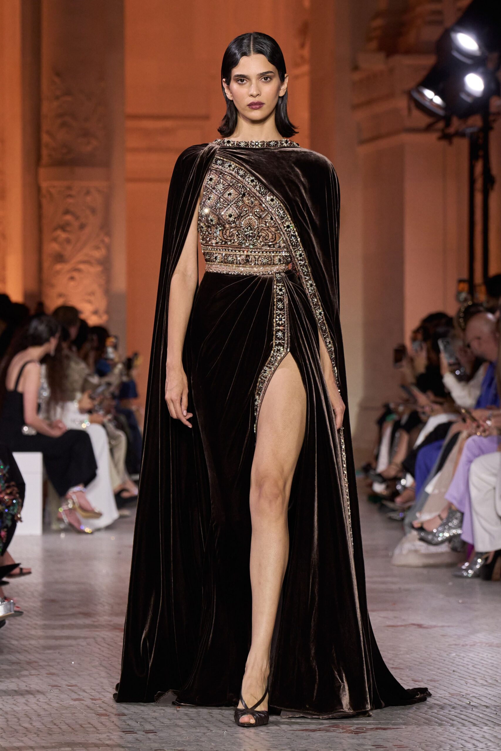 black velvet sleeveless high-neck fitted beaded shiny gown