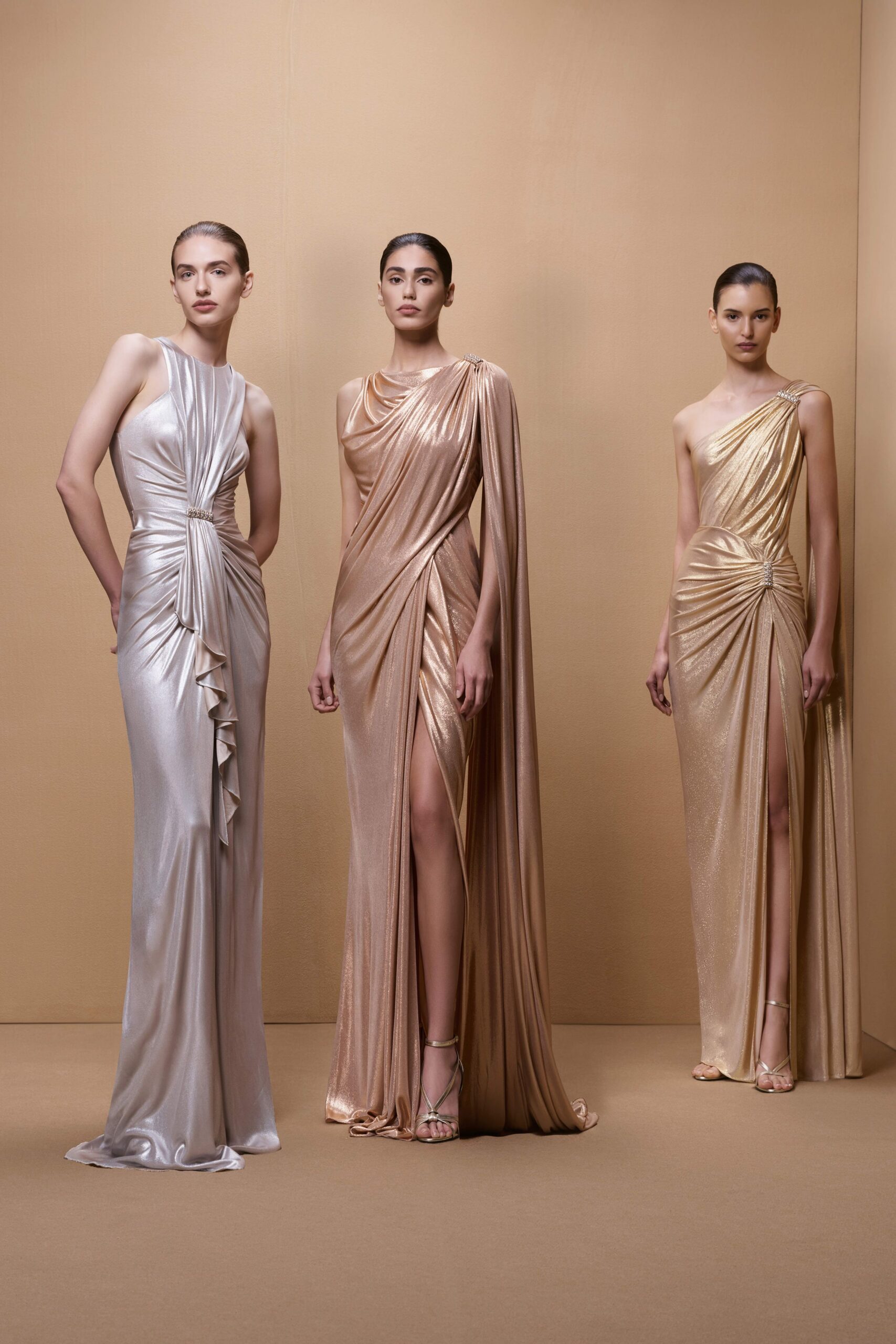 gray satin sleeveless v-neck fitted ruched draped gown