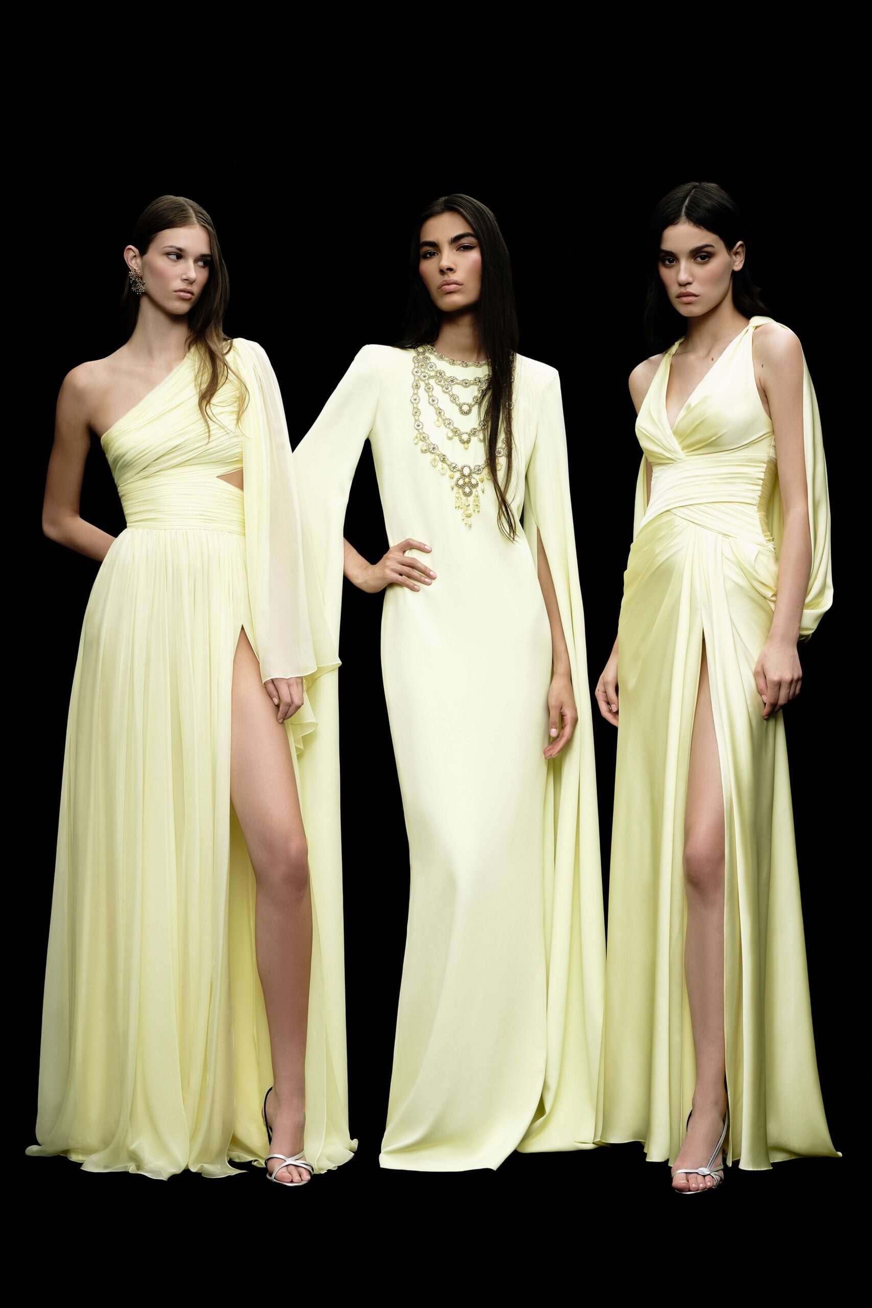 yellow silk long-sleeve v-neck fitted draped maxi gown