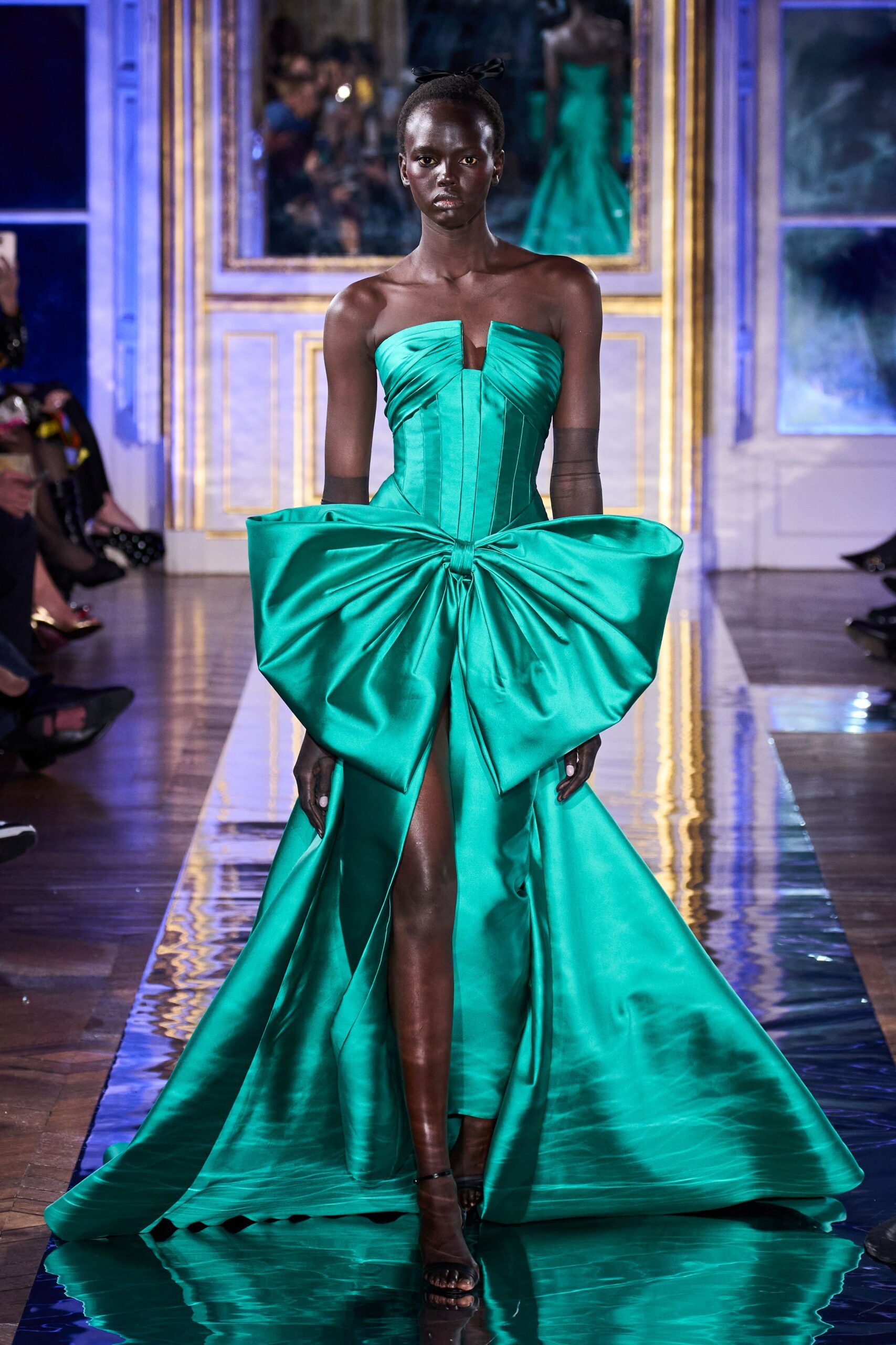 teal silk strapless gown