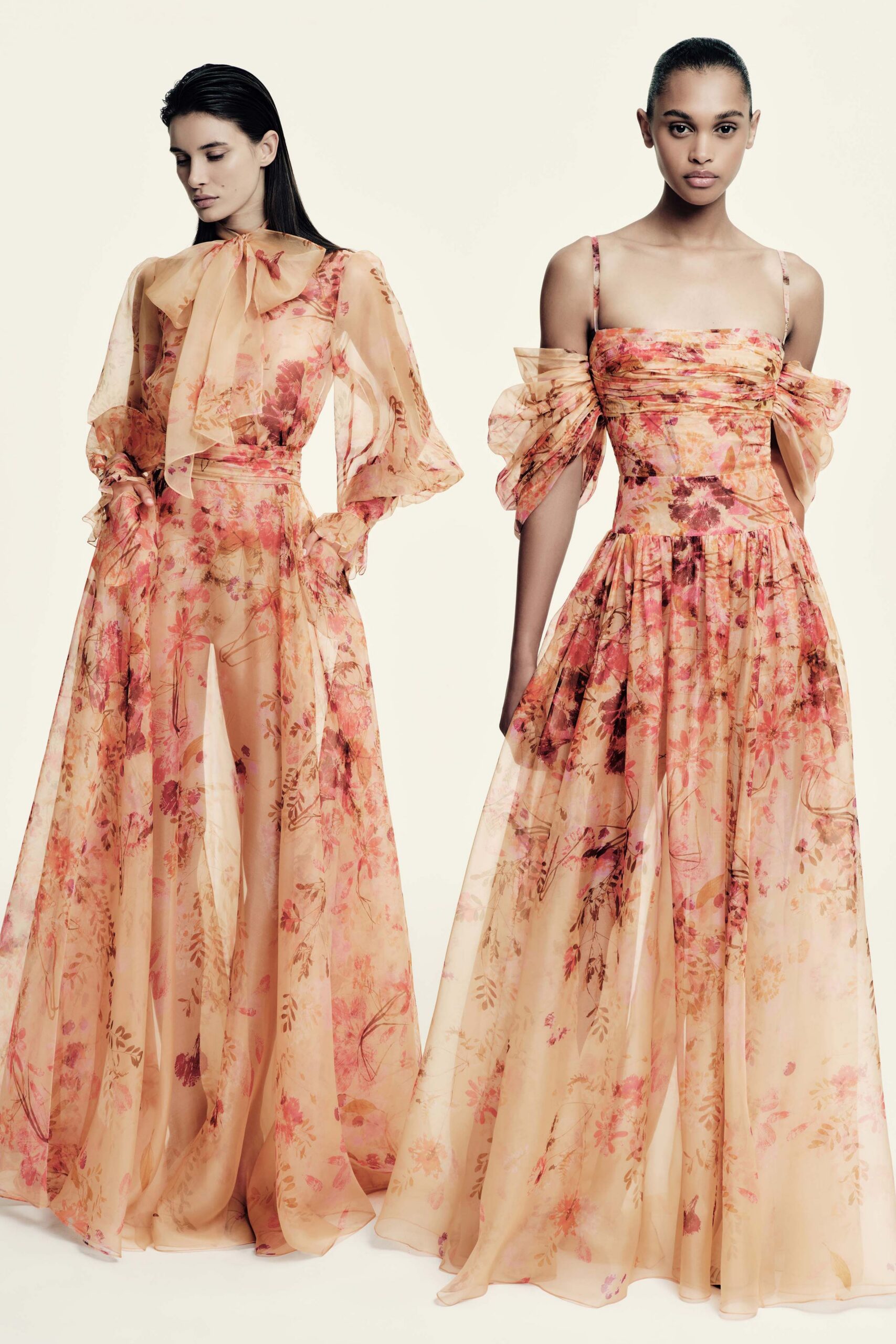 orange silk off-shoulder long-sleeve fitted floral layered gown