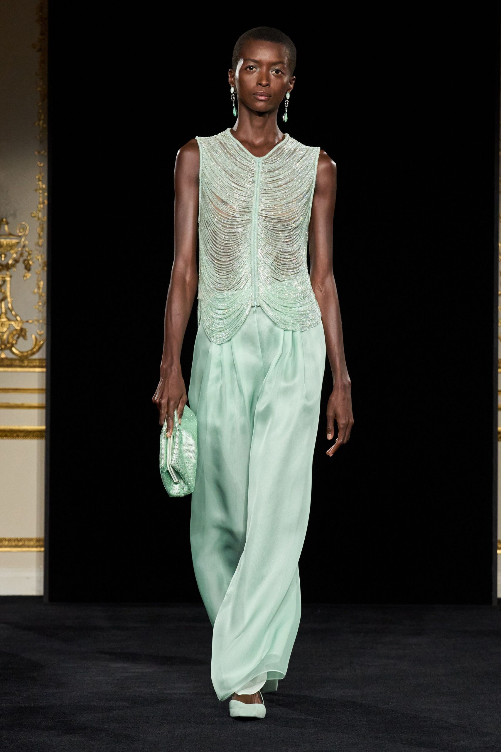 green silk sleeveless v-neck fitted beaded shiny top