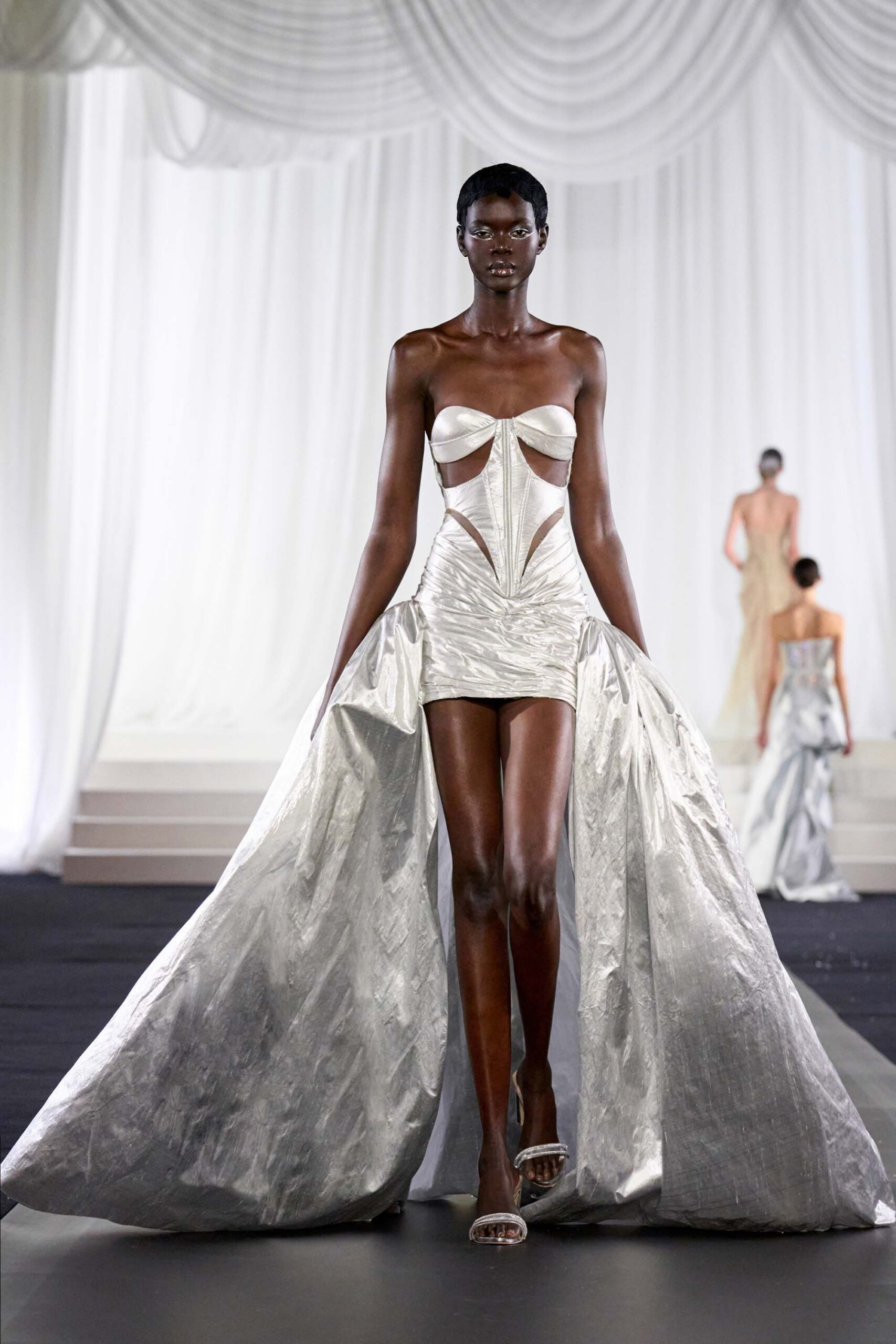gray silk strapless cutout fitted pleated draped gown