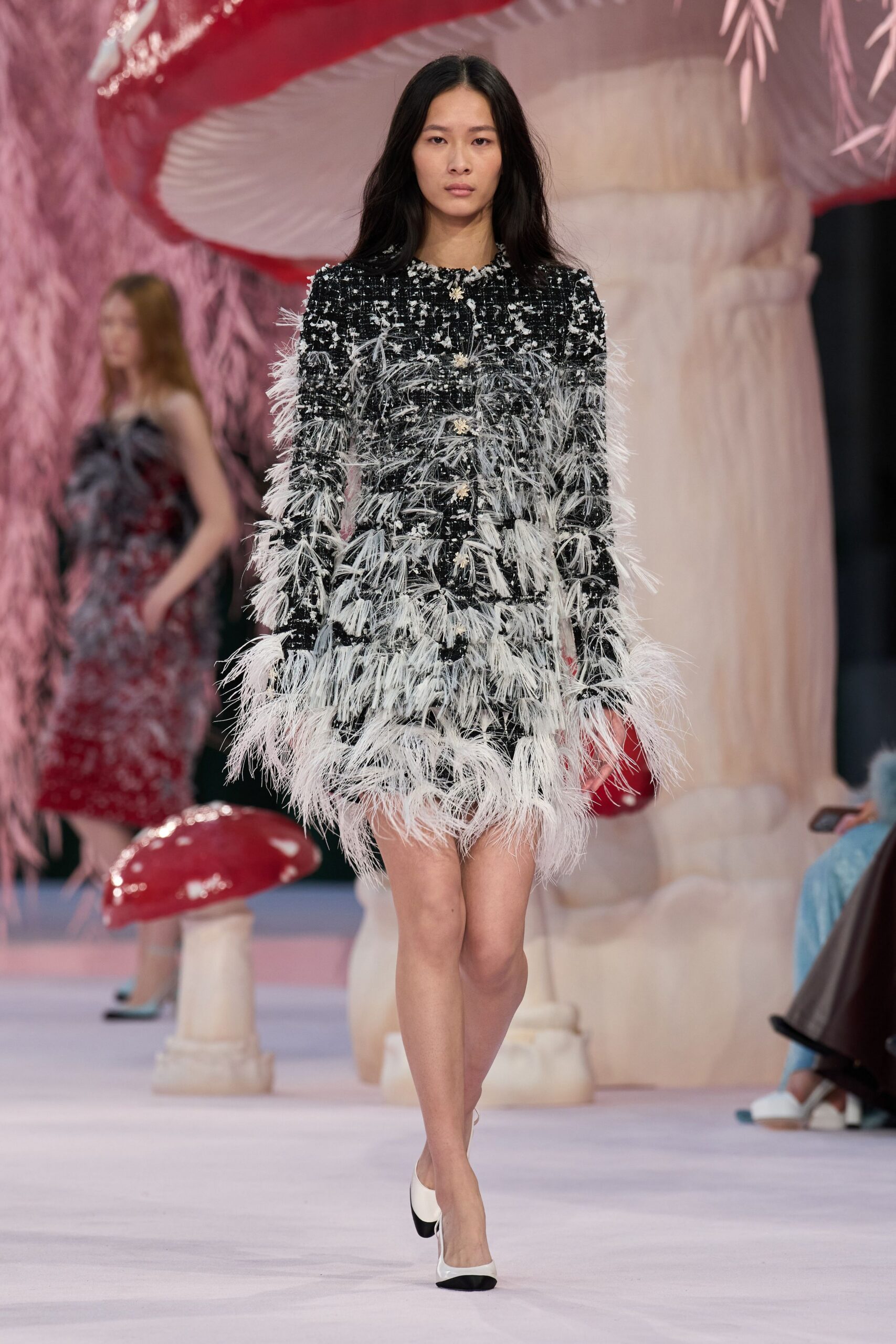 black silk long-sleeve collared fitted fringed buttoned dress