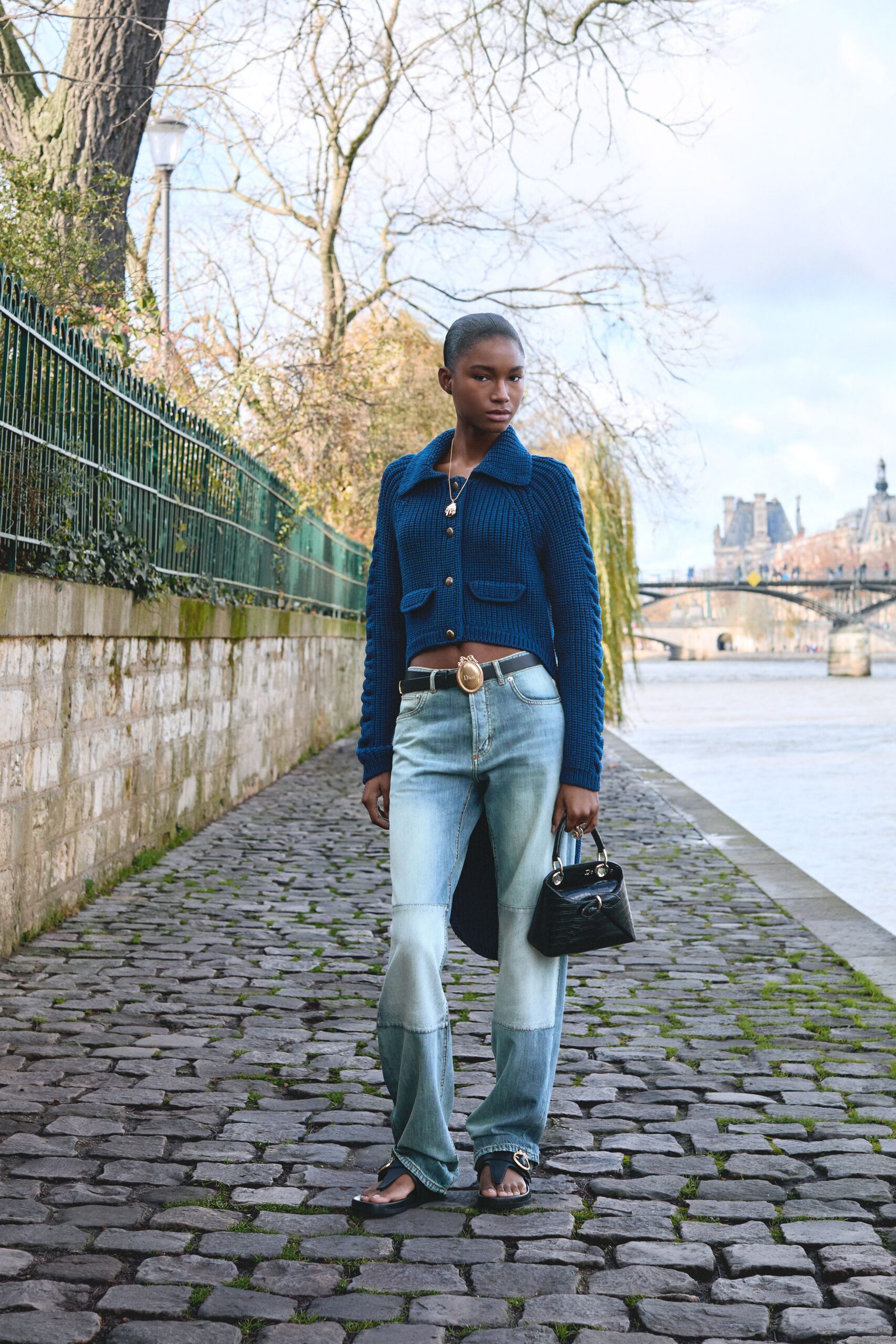 blue fitted jacket with flared pants