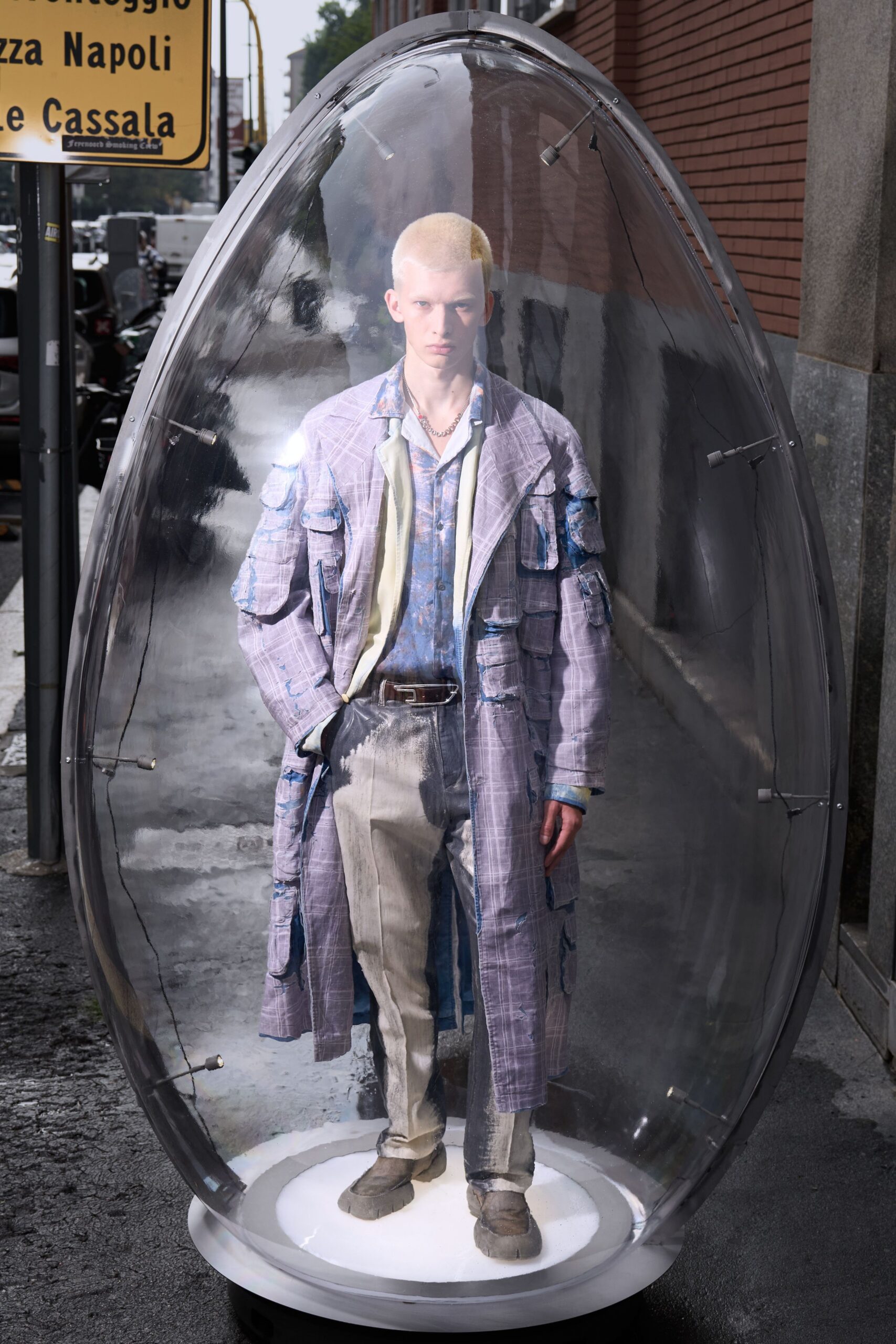 purple cotton long-sleeve collared relaxed layered buttoned coat