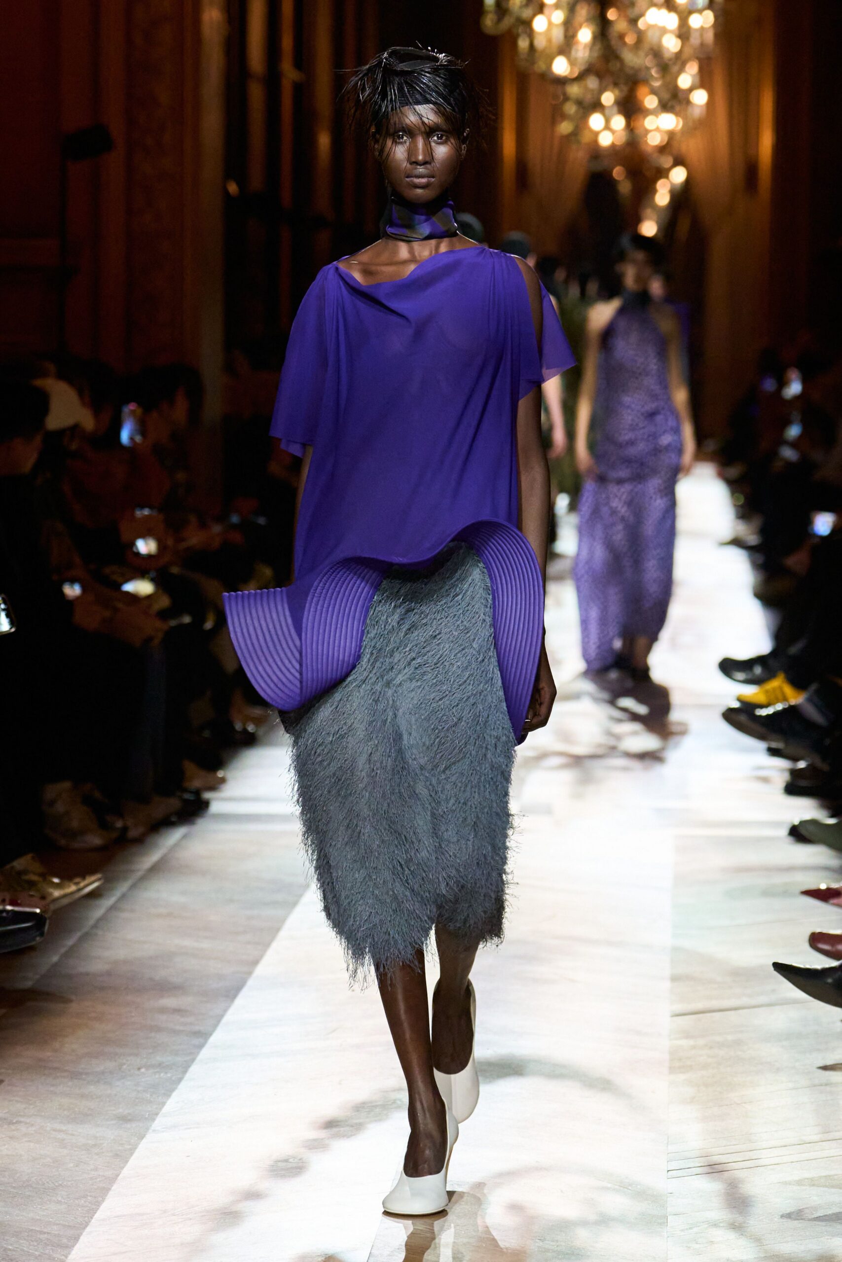 gray fur fitted pleated skirt