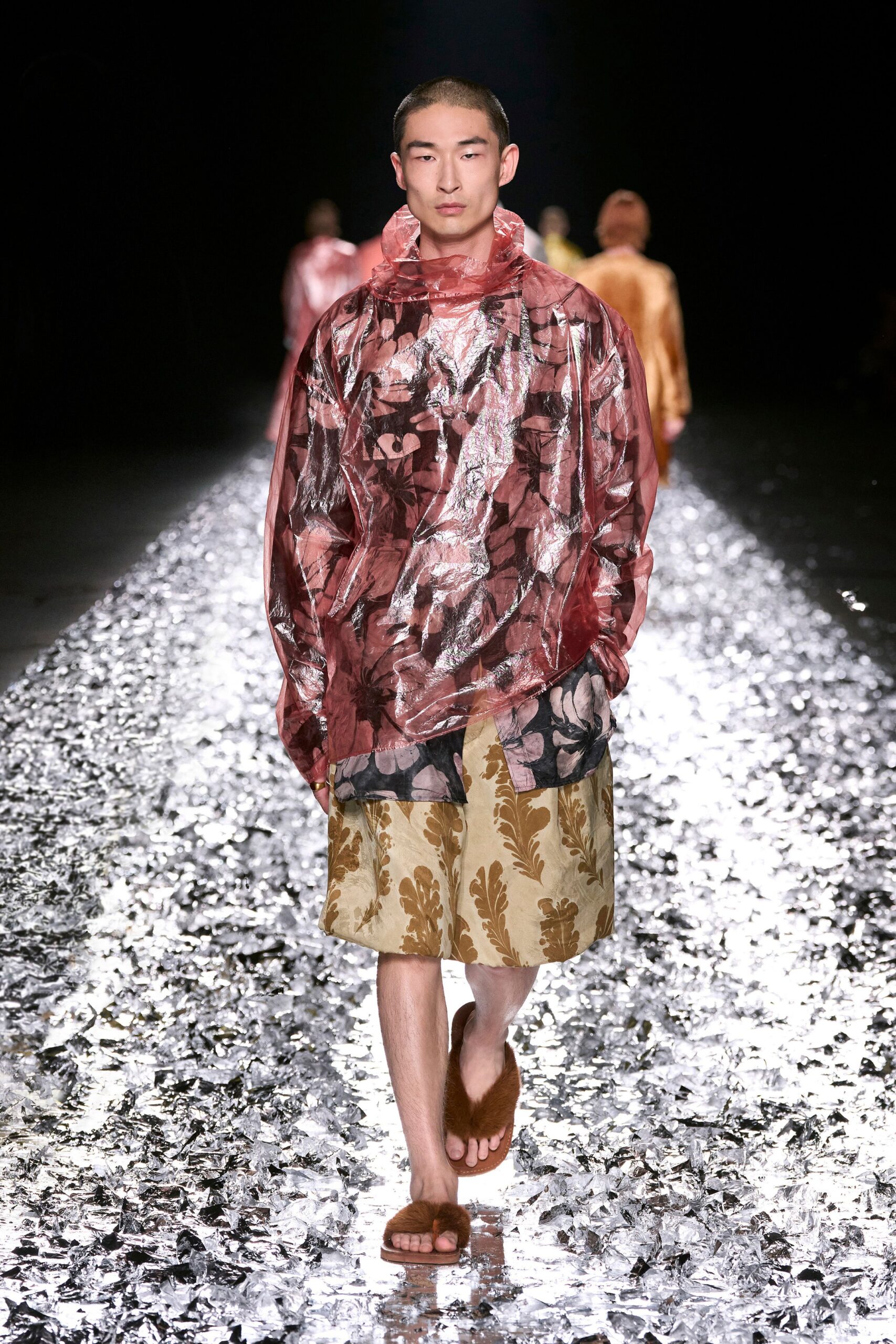 red silk long-sleeve high-neck relaxed floral top