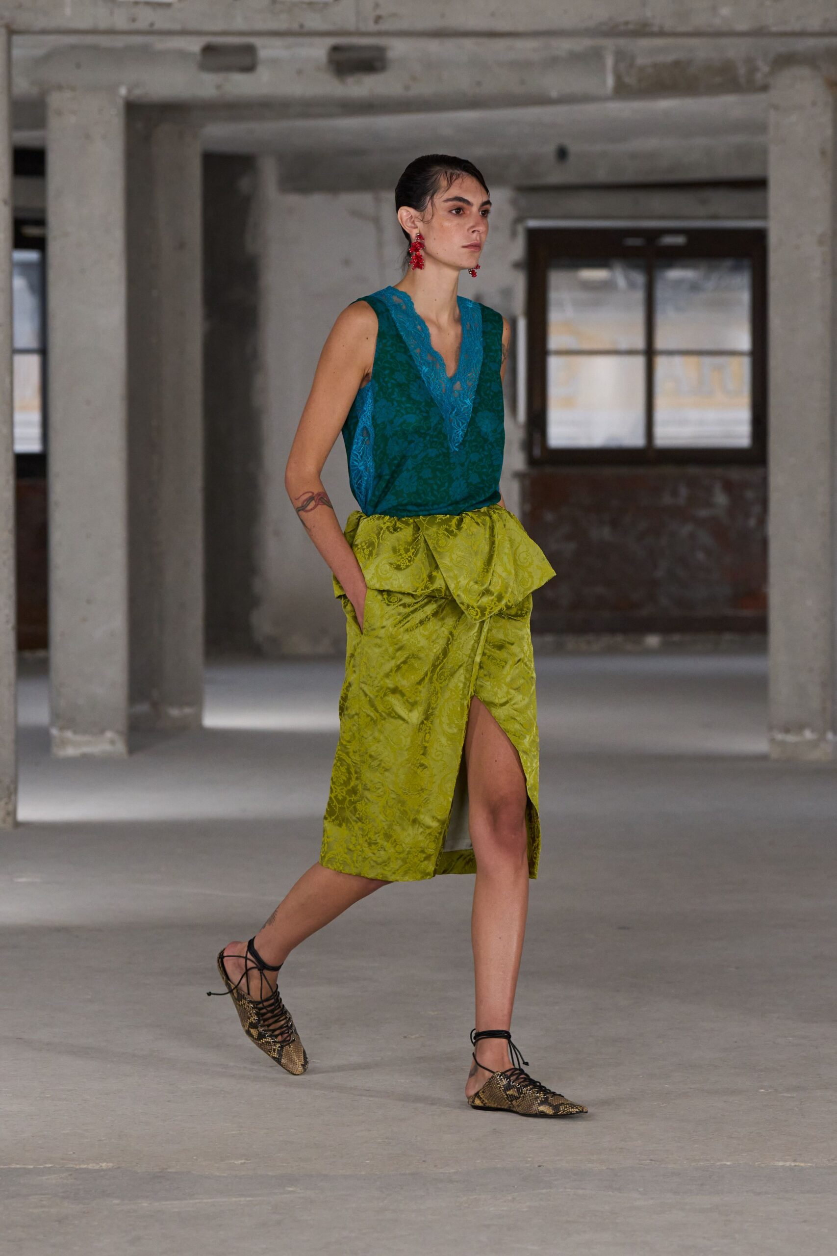 green silk slit fitted high-waisted pleated midi skirt