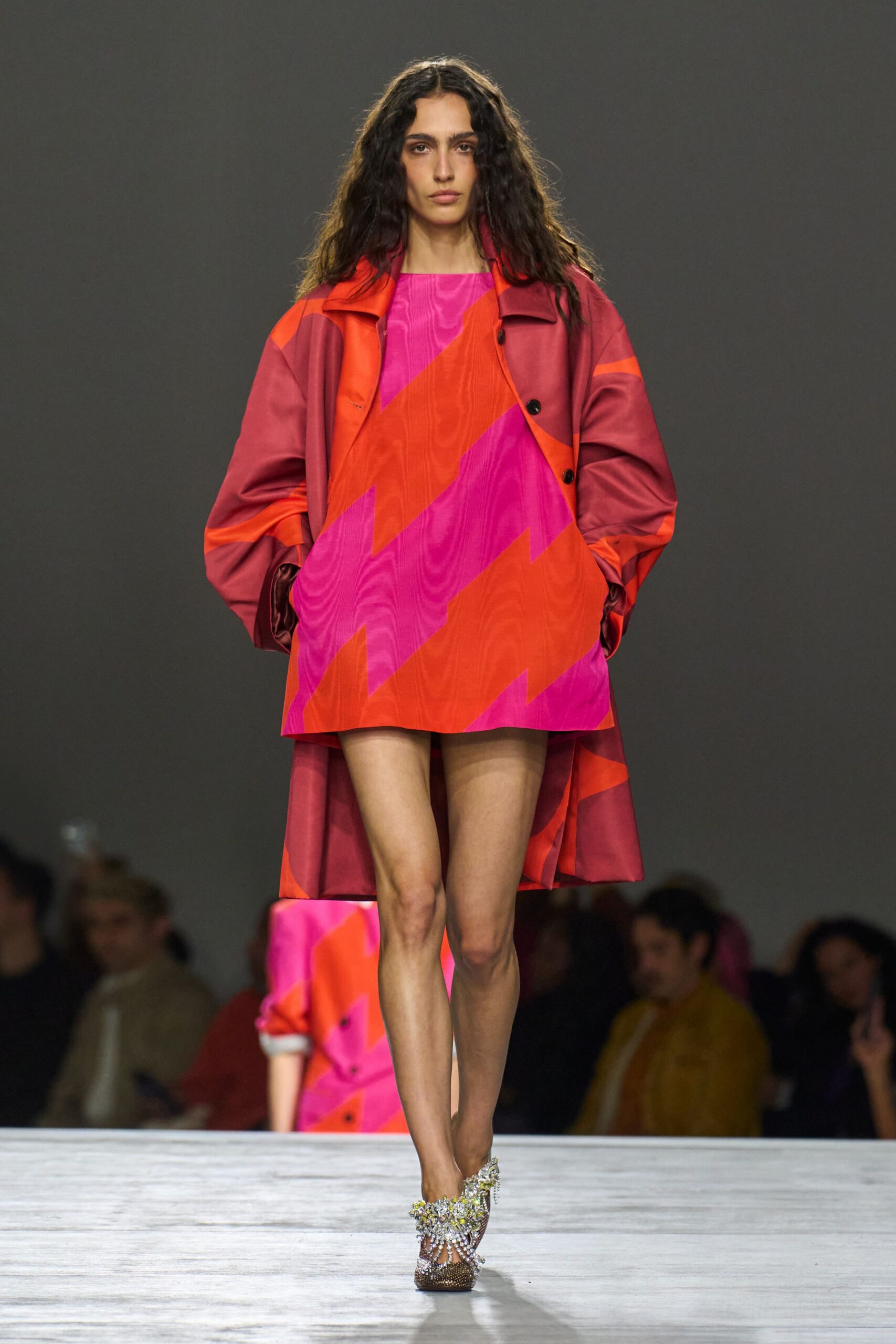 oversized red pink coat and mini dress
