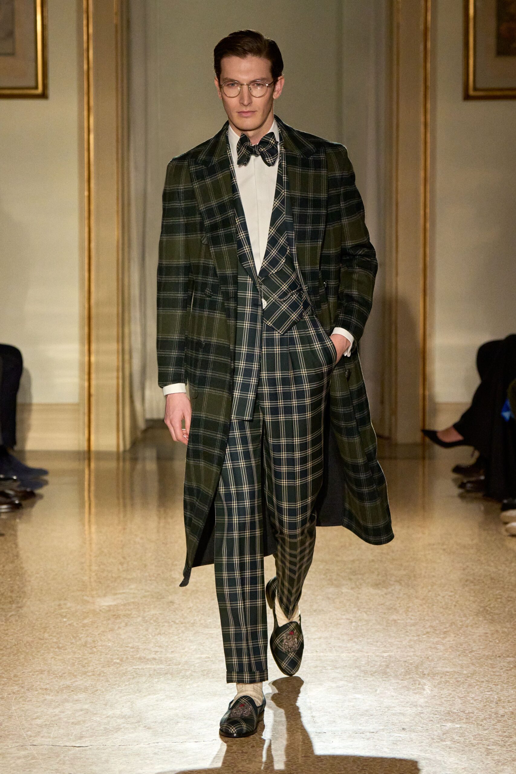 green checked coat and suit