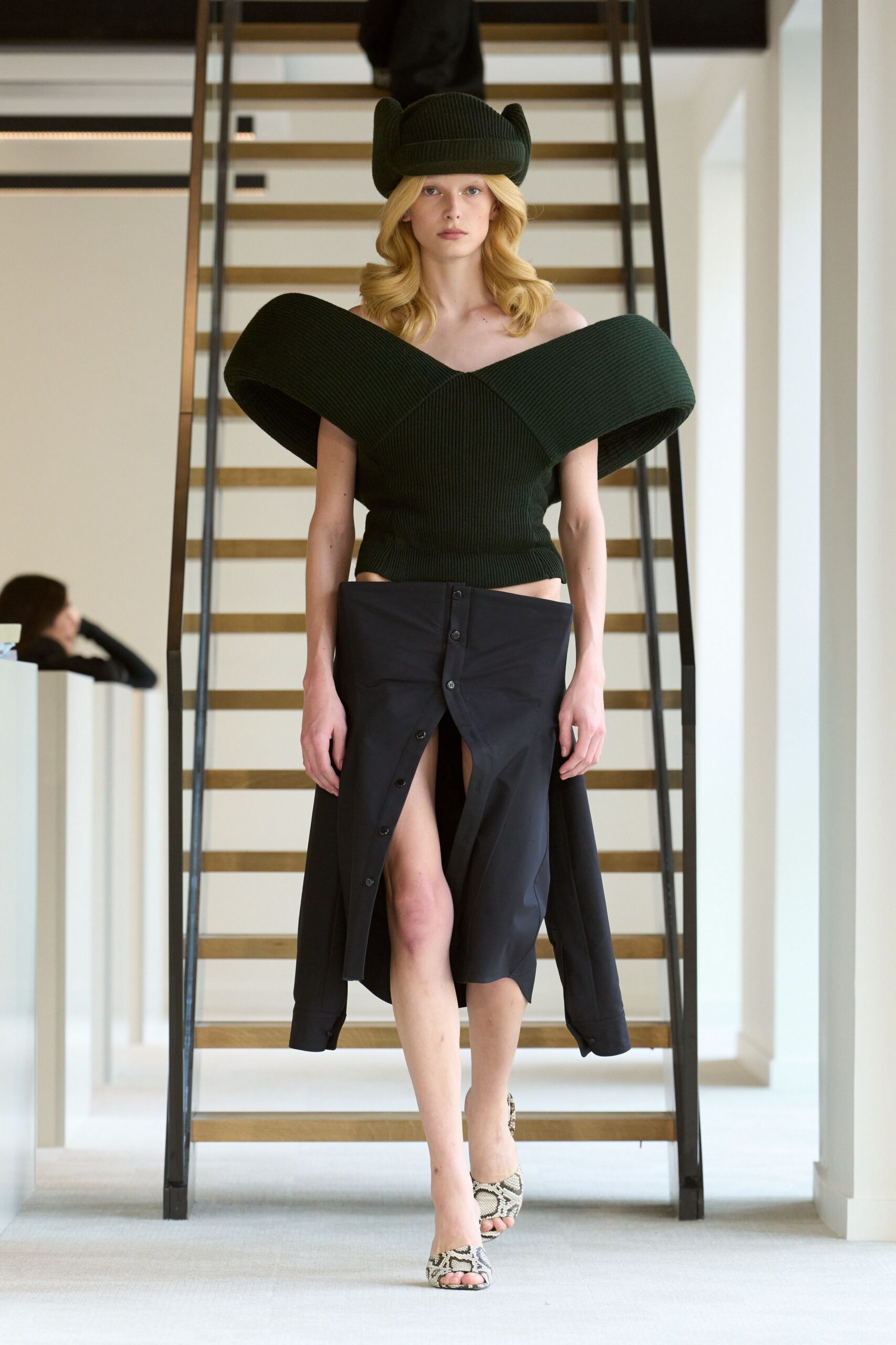 green knit off-shoulder fitted structured top