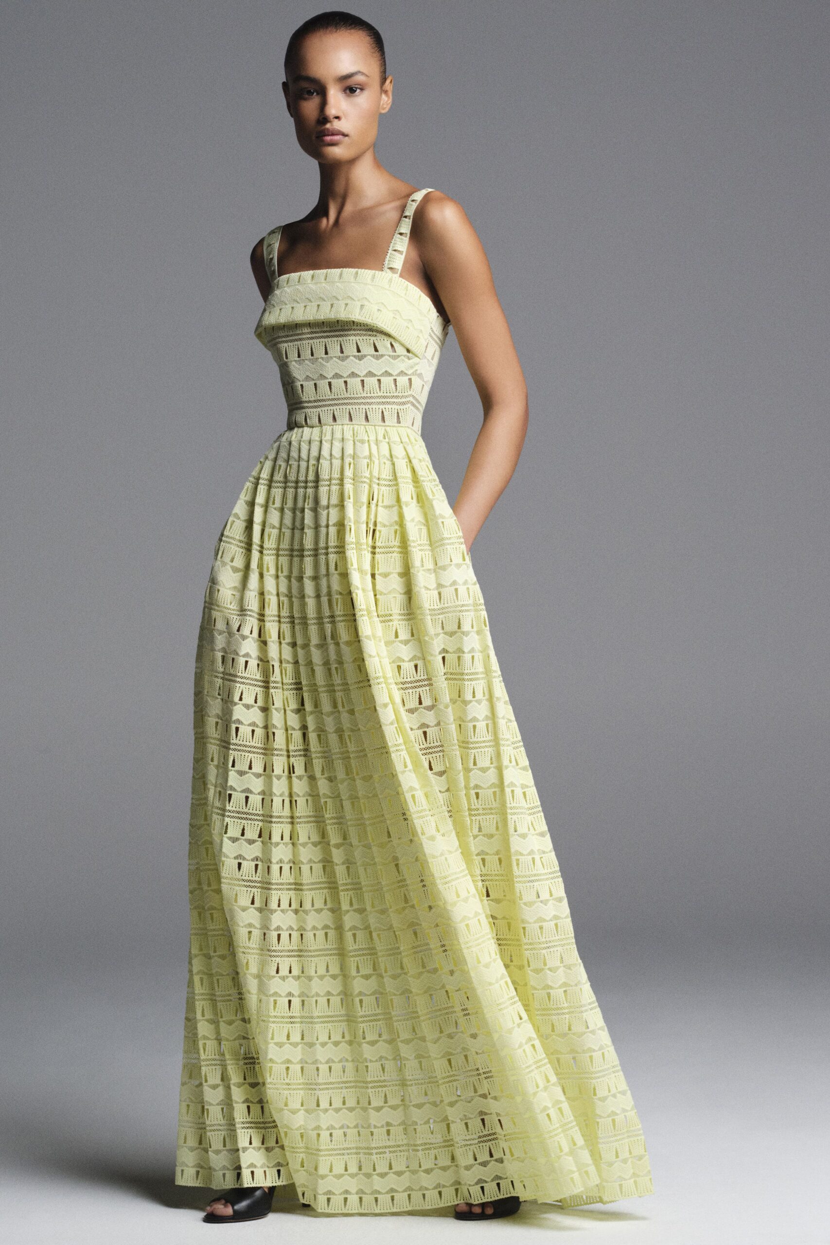 yellow cotton sleeveless square-neck fitted pleated maxi gown