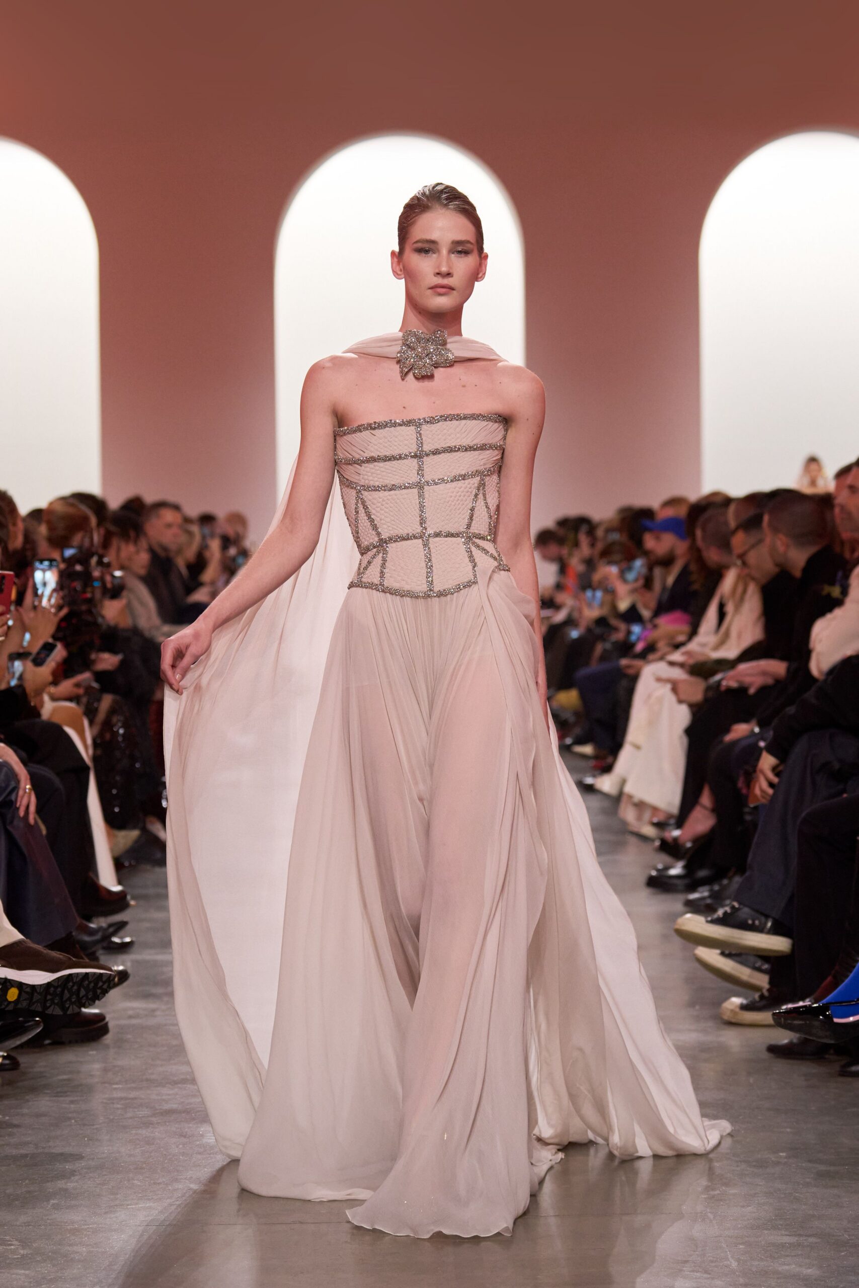 beige silk strapless gown