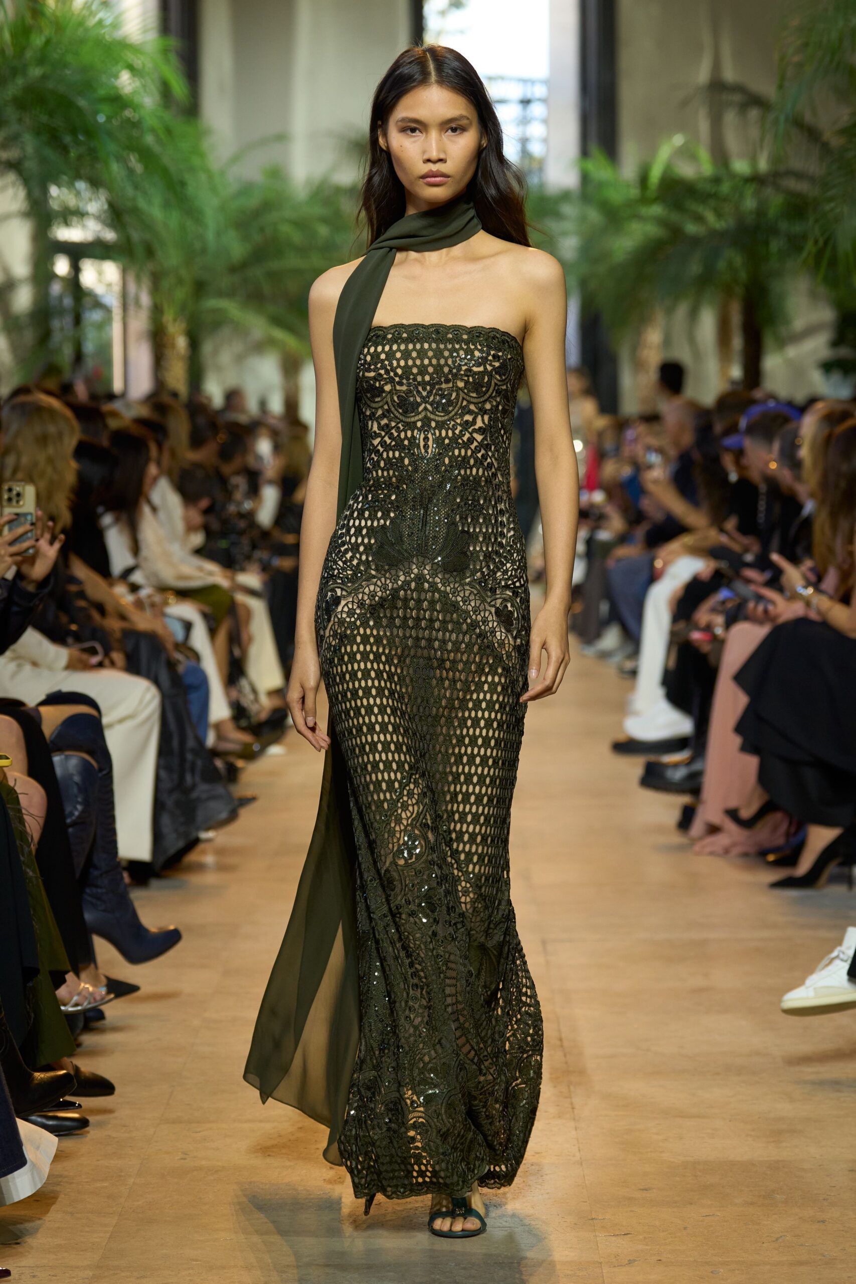 green lace strapless fitted embroidered flowing maxi gown