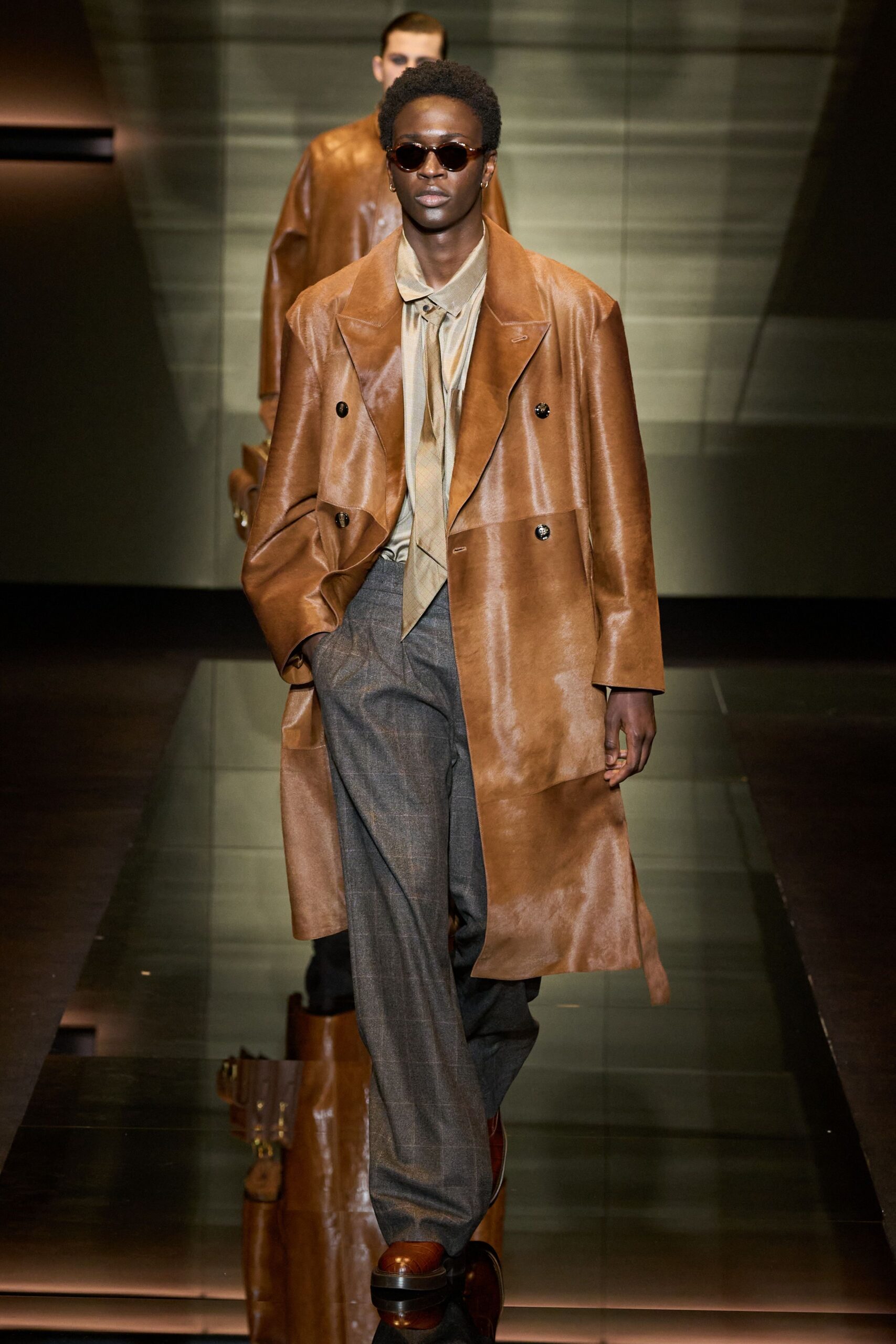 brown leather long-sleeve double-breasted relaxed coat