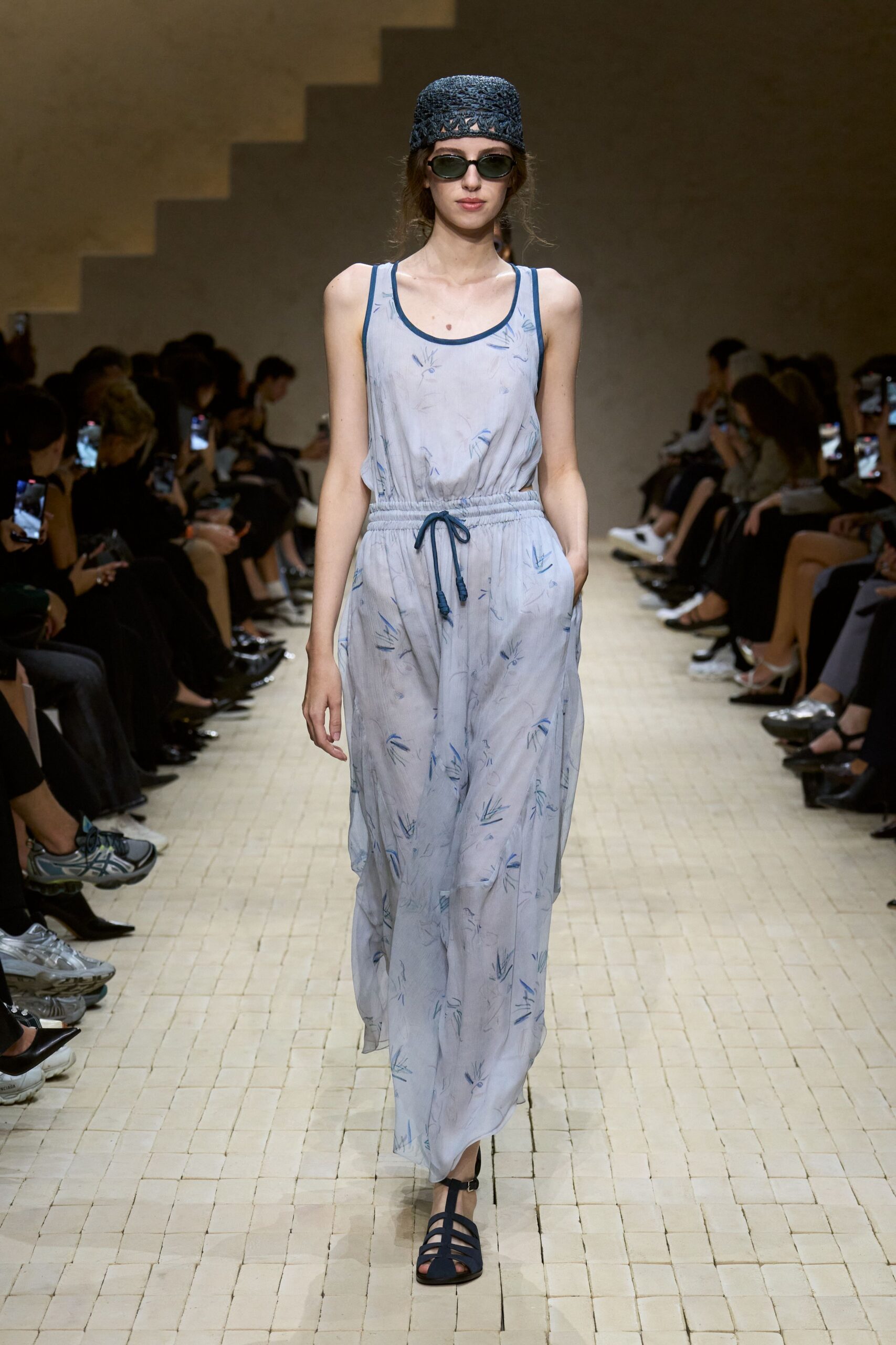 blue cotton sleeveless v-neck relaxed printed tiered dress