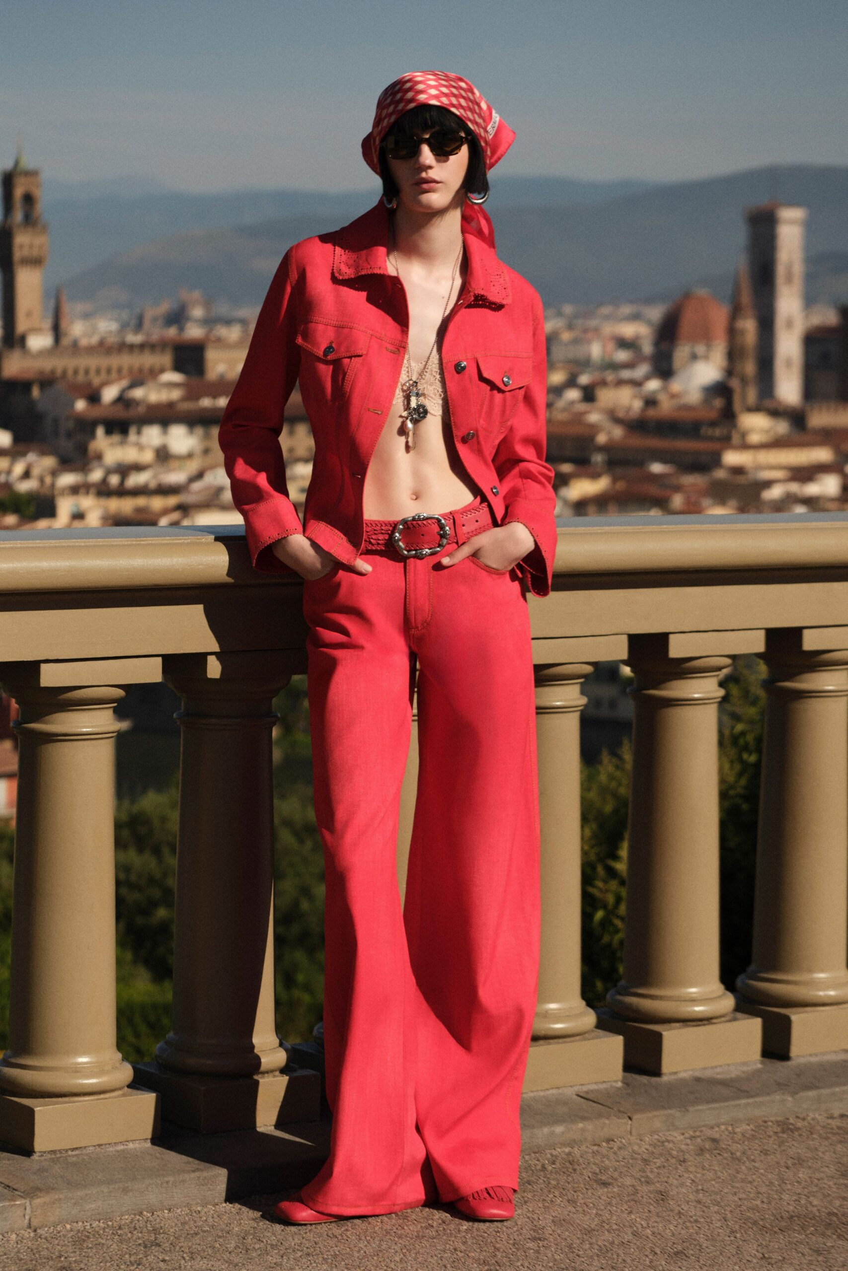 red denim jacket and pants