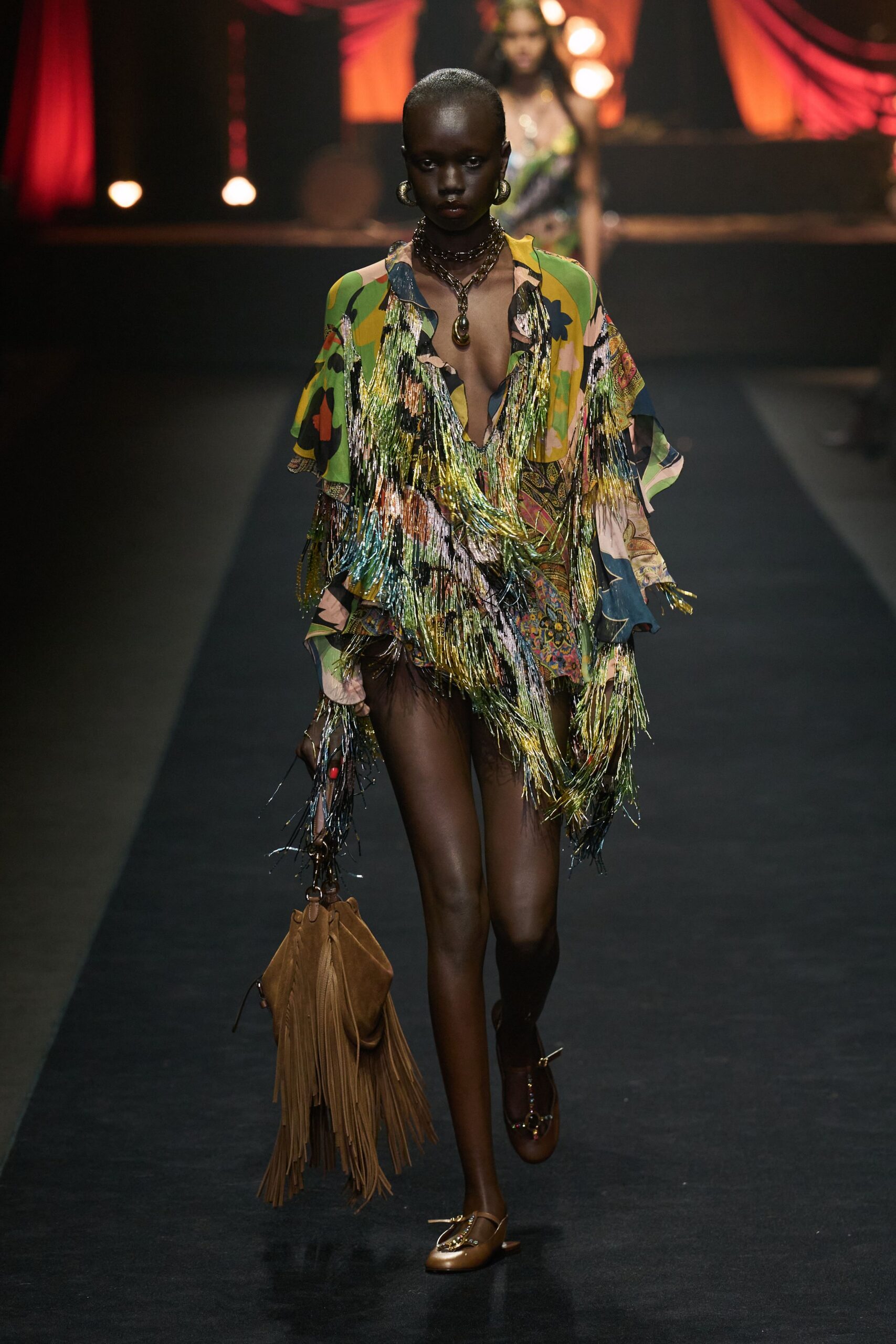 multi silk sleeveless v-neck relaxed fringed layered dress