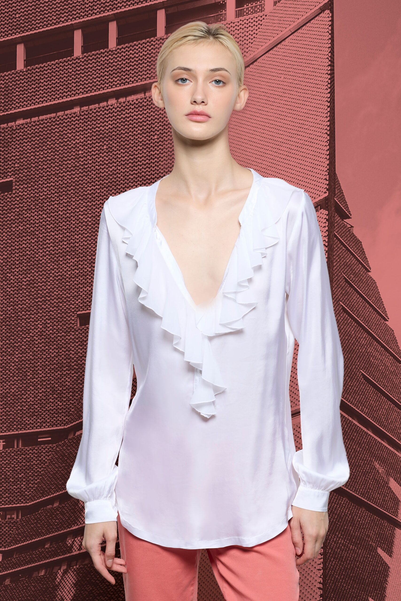 white silk ruffled blouse and pink pants