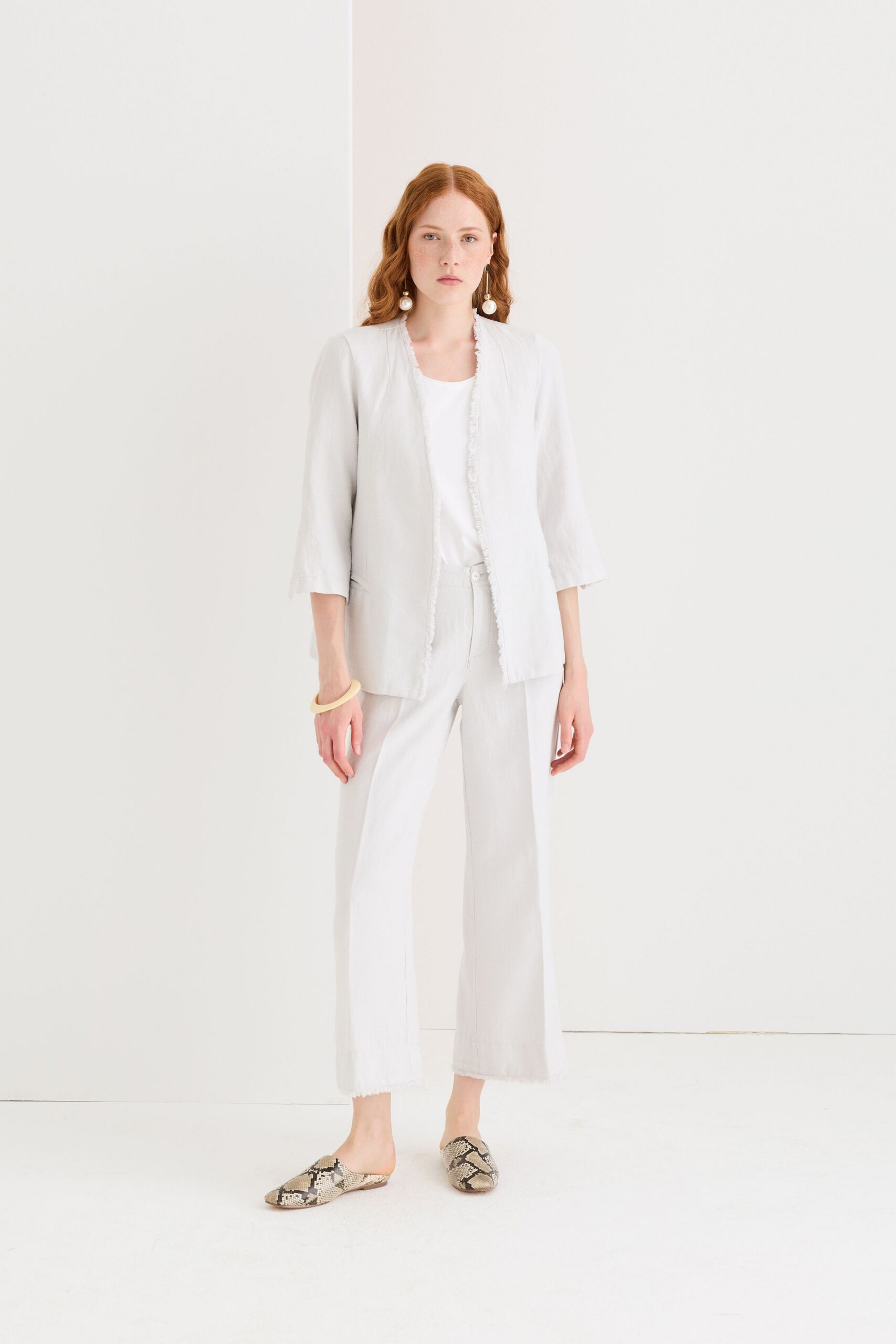 white relaxed jacket with wide-leg pants