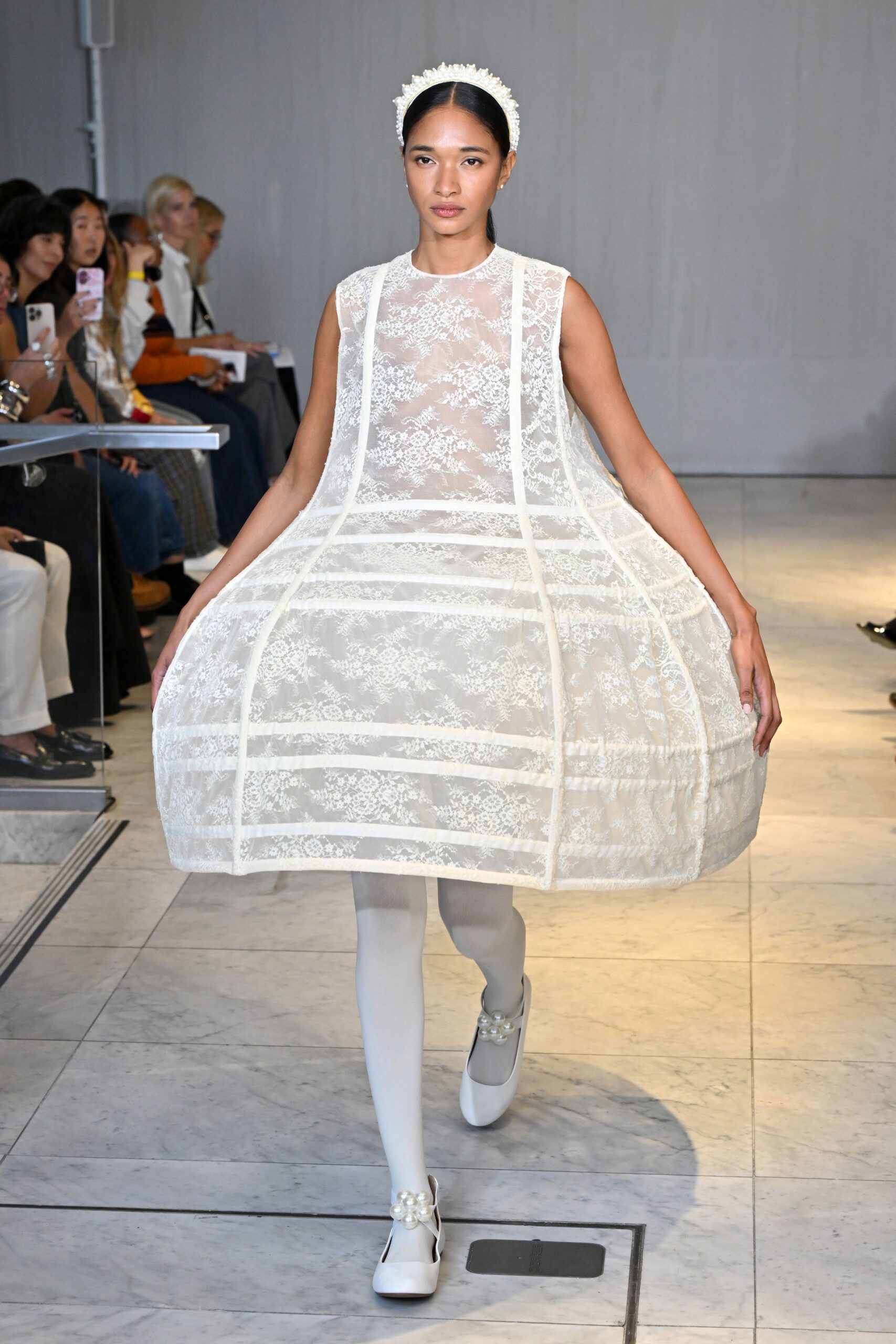 white lace sleeveless high-neck fitted pleated layered dress