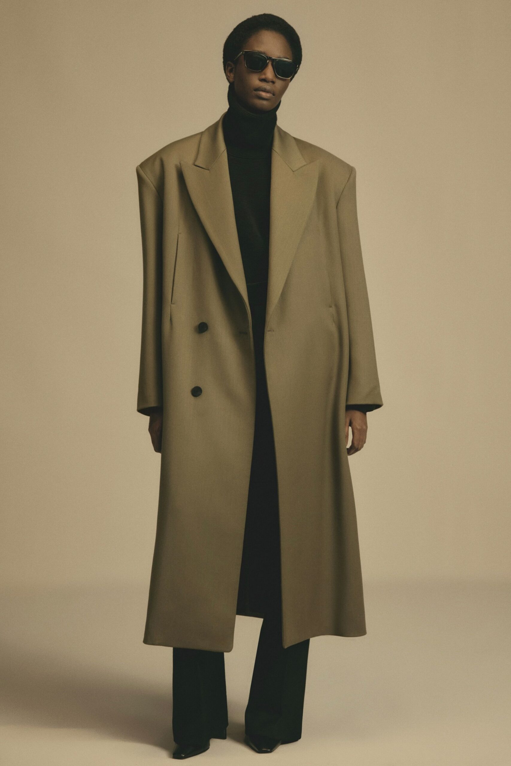 beige wool long-sleeve collared oversized maxi coat