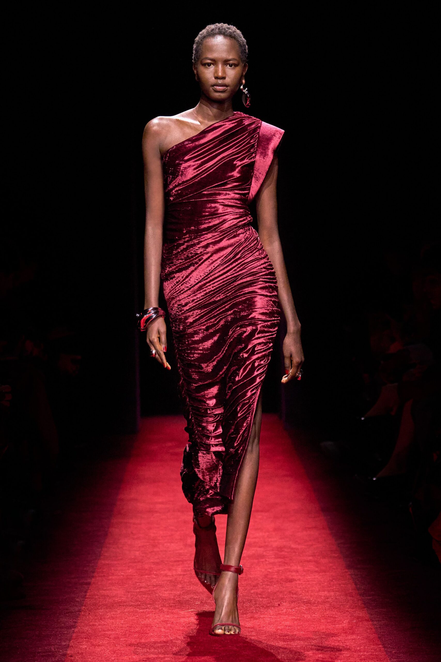 red silk off-shoulder slit fitted ruched shiny gown